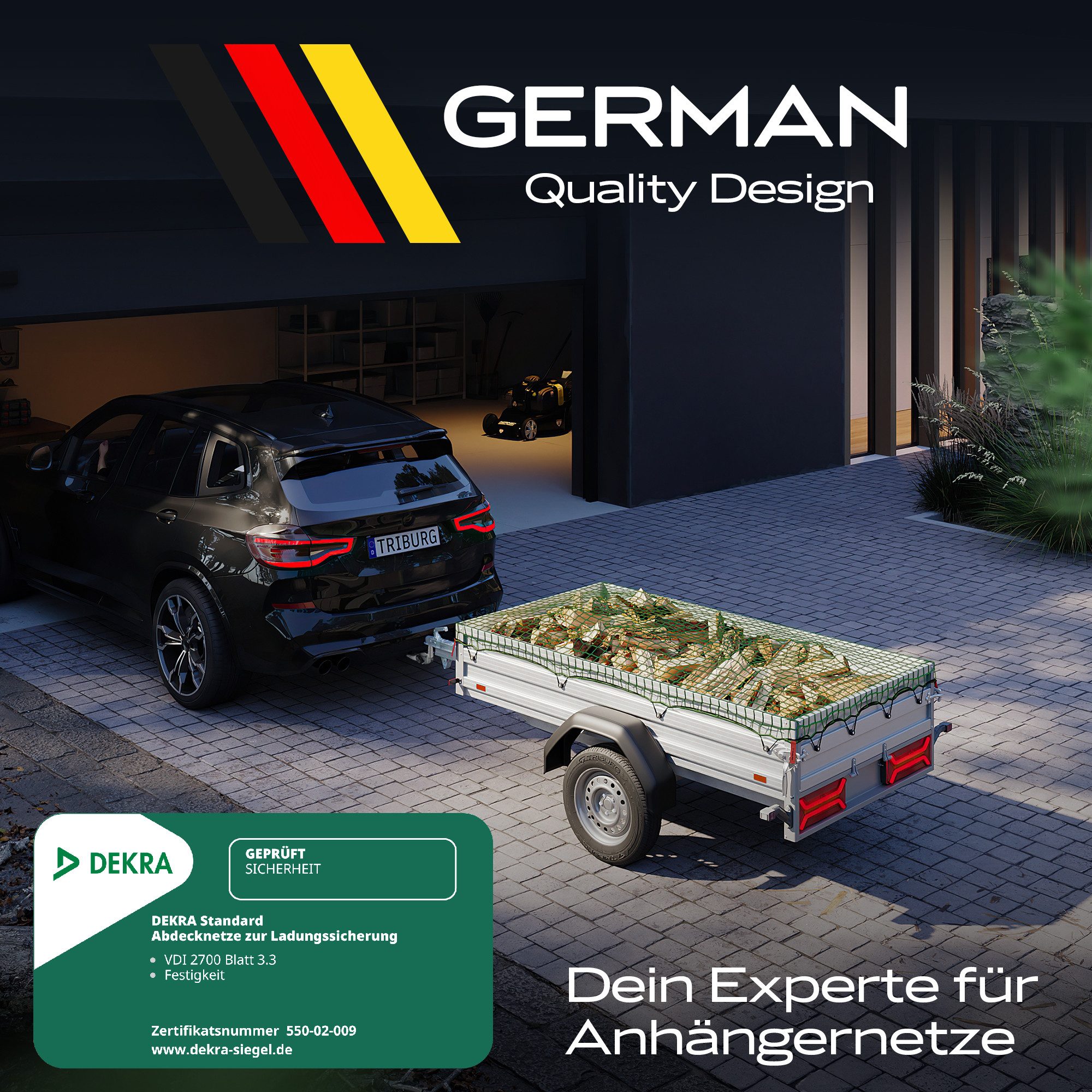 TRIBURG Anhängernetz [DEKRA Geprüft] mit Randverstärkung inkl. Expander Haken, Anhänger Netz mit Randverstärkung inkl. Gummispanner