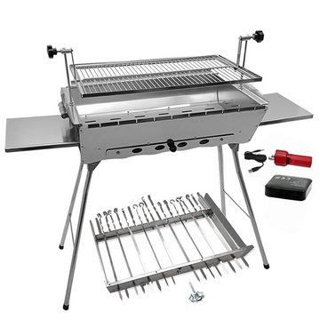 Grillpeter Holzkohlegrill Mangal Edelstahl 2 mm Schaschlickgrill Set mit Spießdreher und Spieße