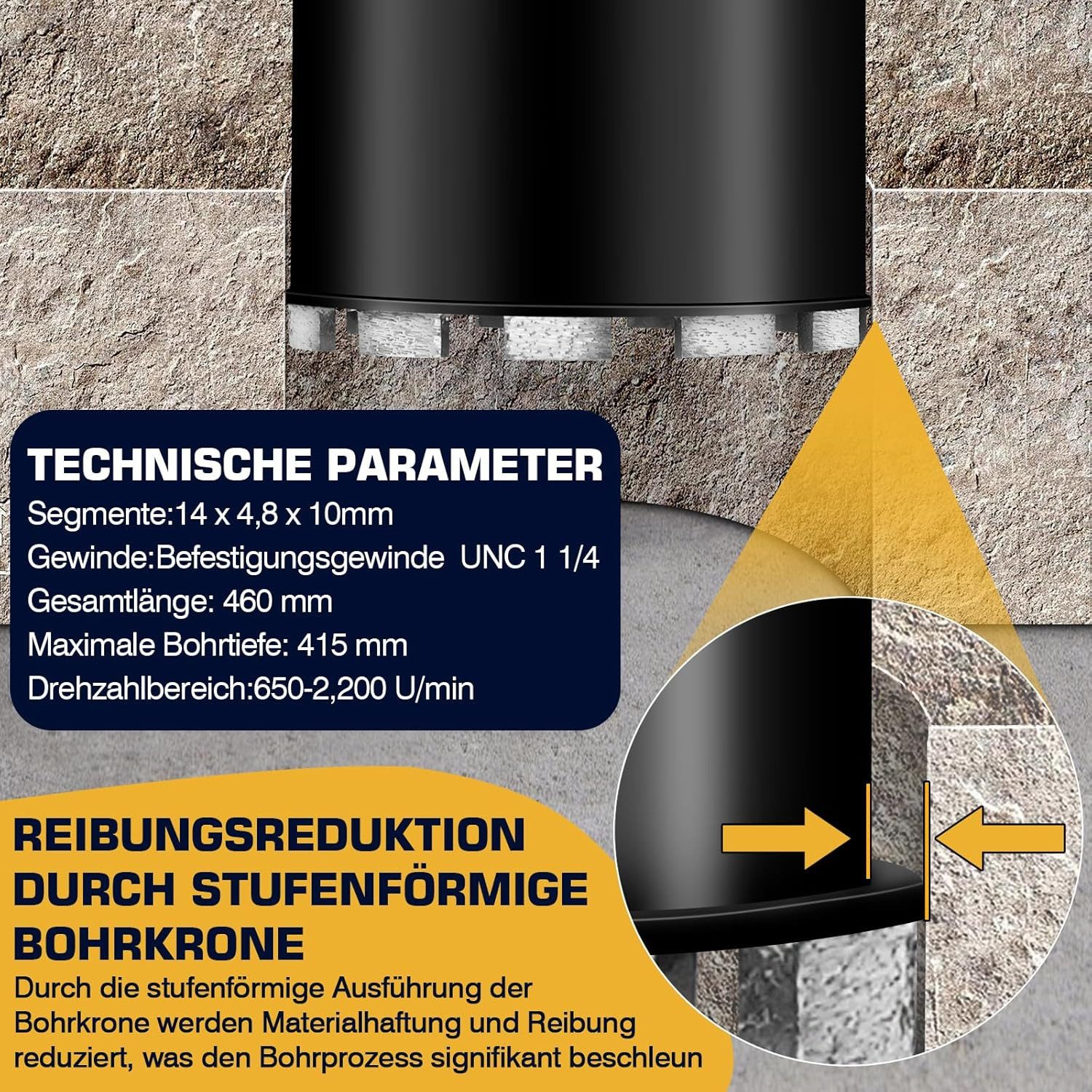 XERSEK Kernbohrer Diamantbohrkrone Kernbohrer Dosensenker Bohrkronen L 460mm, Ø 51 mm, Diamant Bohrkrone für Kernbohrgeräte, 10 mm Turbo Kernbohrkrone, Nassbohrkrone Trockenbohrkrone zum Beton, Stahlbeton, Mauerwerk, Stein