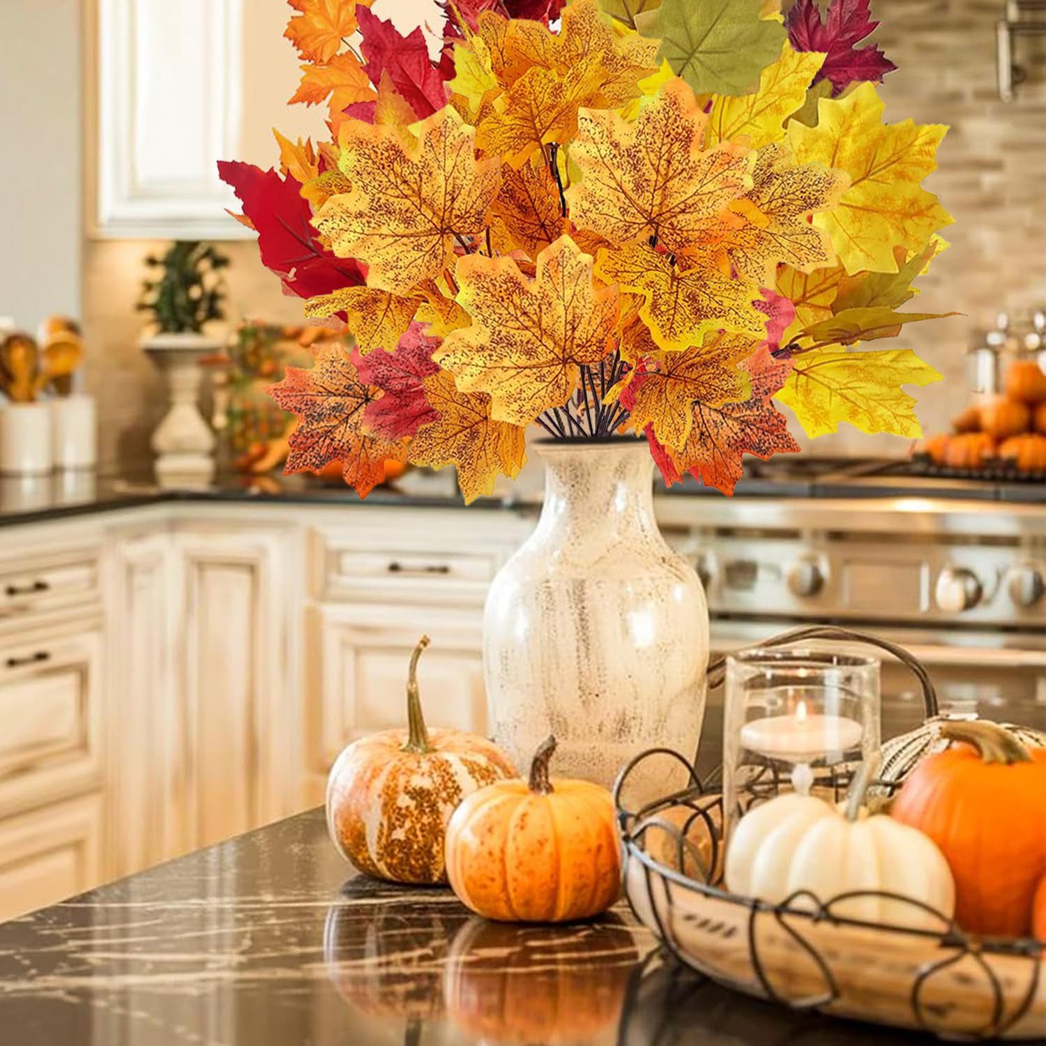 Kunstblumenstrauß 4 Bündel Künstliche Herbststrauß Ahorn Blätter Zweige Herbstzweige, Agger, Kunstpflanzen Herbst für Erntedankfest Halloween Deko Herbstdeko – Bild 3 von 5