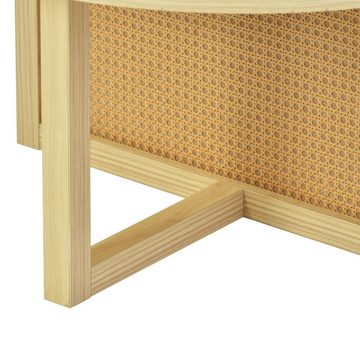 Merax Couchtisch aus Holz und Rattan im Landhausstil, Beistelltisch rund, Rattantisch Wohnzimmertisch, Sofatisch, Ø 80cm