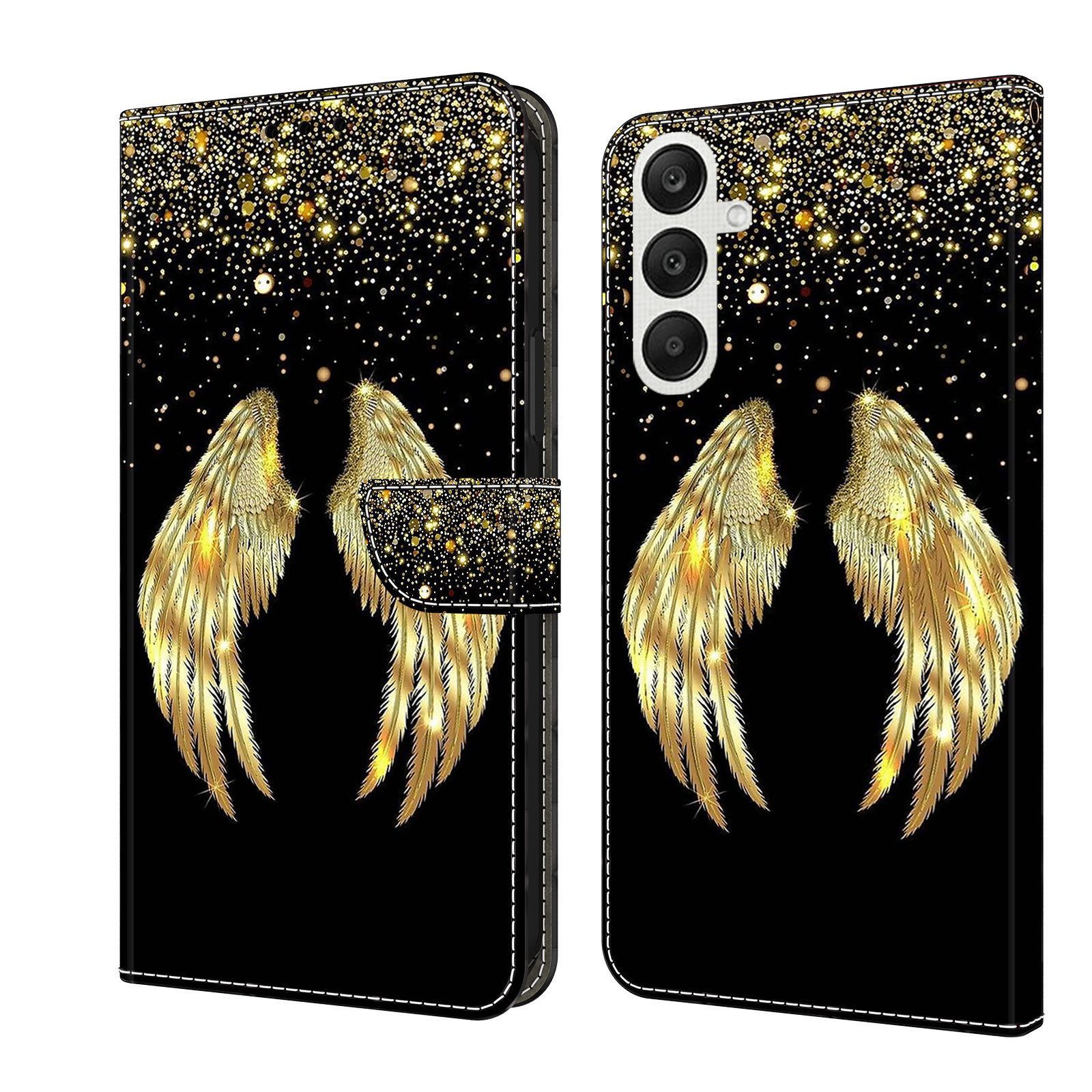 CLM-Tech Handytasche für Samsung Galaxy A57 5G Klapphülle aus PU Leder (goldene Flügel, 1-tlg., Flip Case), Magnetverschluss, Standfunktion und Kartenfächer