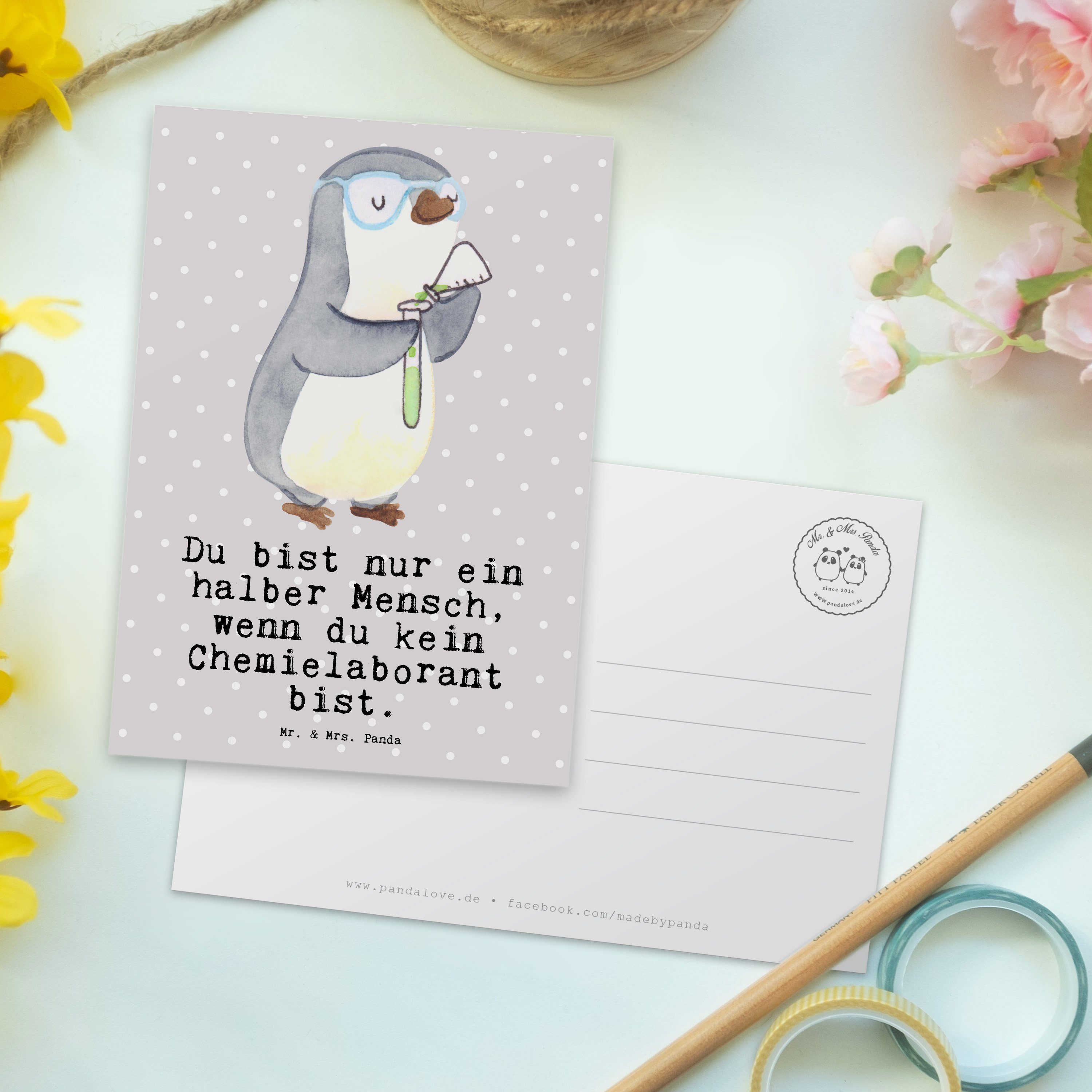 Wis & Mr. Chemielaborant Postkarte - mit Geschenk, Grau Pastell Herz - Ansichtskarte, Panda Mrs.