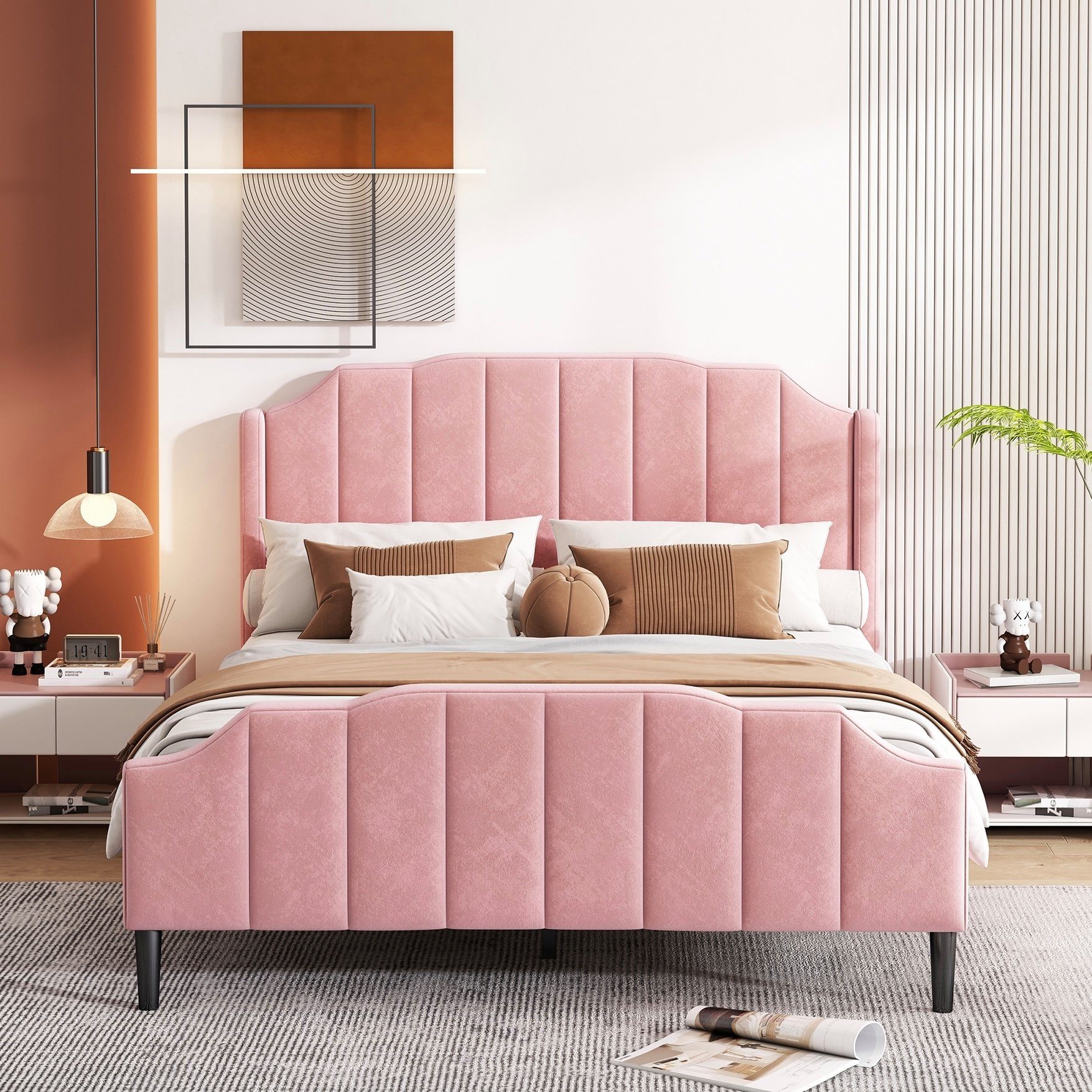 SOFTWEARY Polsterbett (Doppelbett mit Lattenrost, Kopfteil und Fußteil, 140x200 cm), gepolsterter Kopfteil mit seitlichen Ohren, Bezug aus Samt rosa