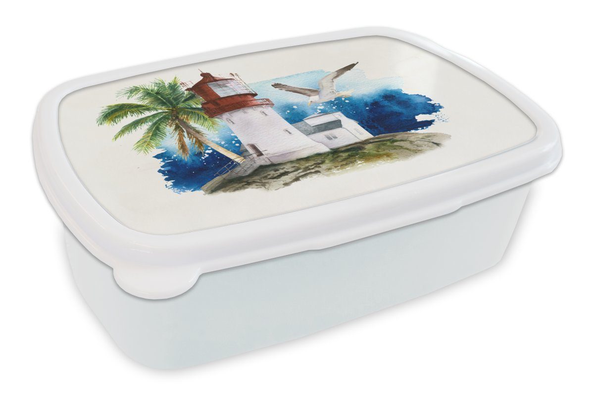 MuchoWow Lunchbox Leuchtturm - Palme - Vogel - Meer, Kunststoff, (2-tlg), Brotbox für Kinder und Erwachsene, Brotdose, für Jungs und Mädchen weiß