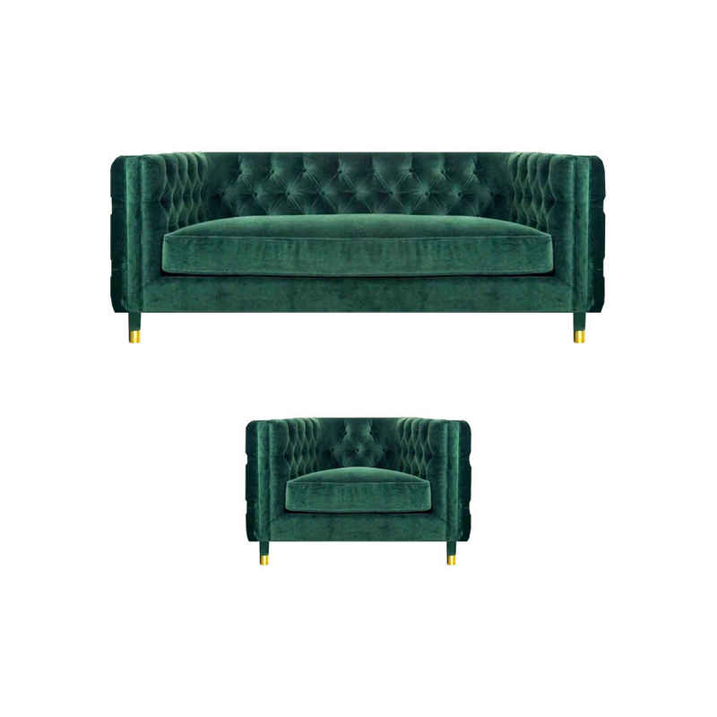 JVmoebel Chesterfield-Sofa Modern Grün Design Sofa Couch Dreisitze Stoff Sessel Sofagarnitur, 2 Teile, Made in Europa