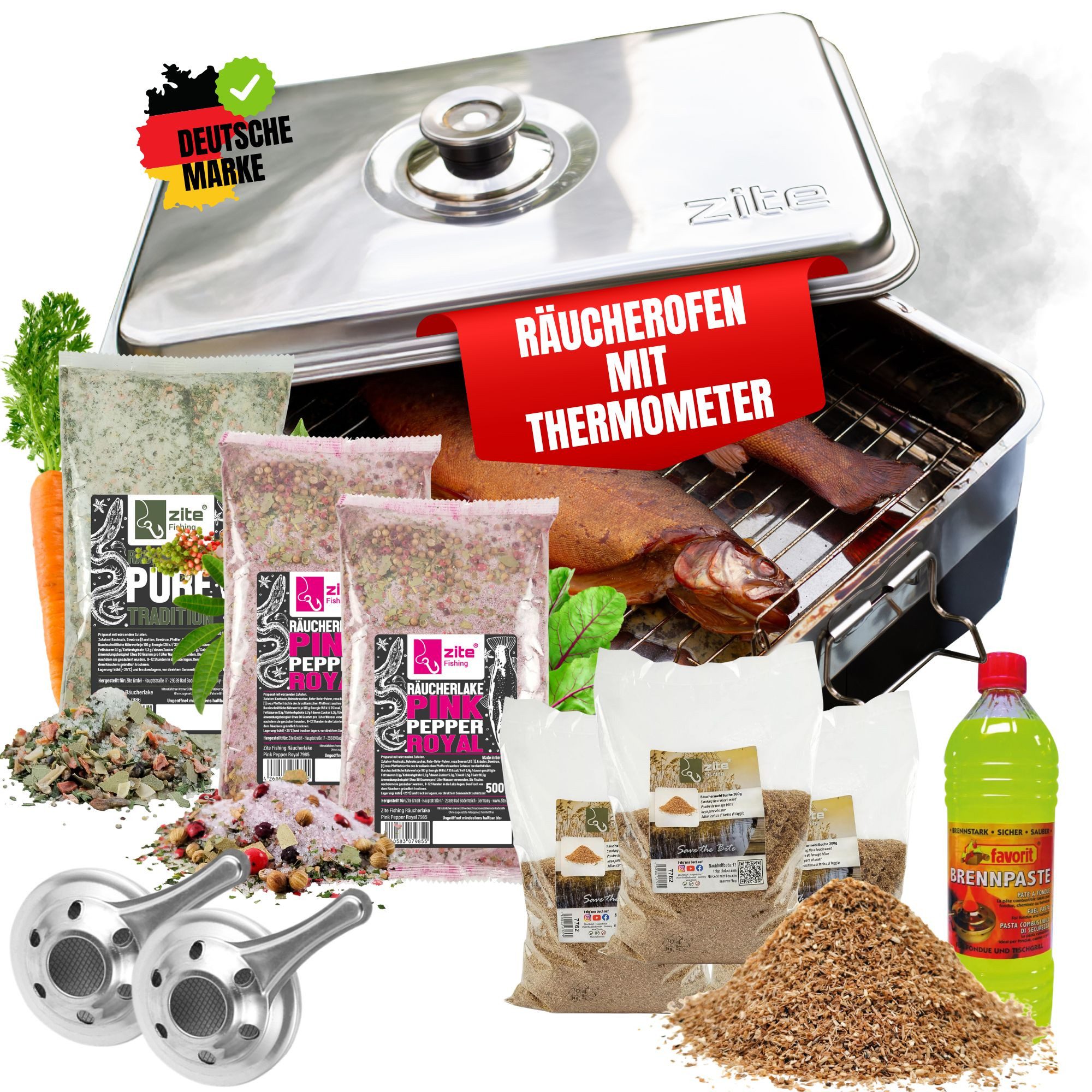 Zite Räucherofen Tisch-Räucherofen aus Edelstahl Räuchermehl, Räucherlake & Brennpaste, XXL Starterset