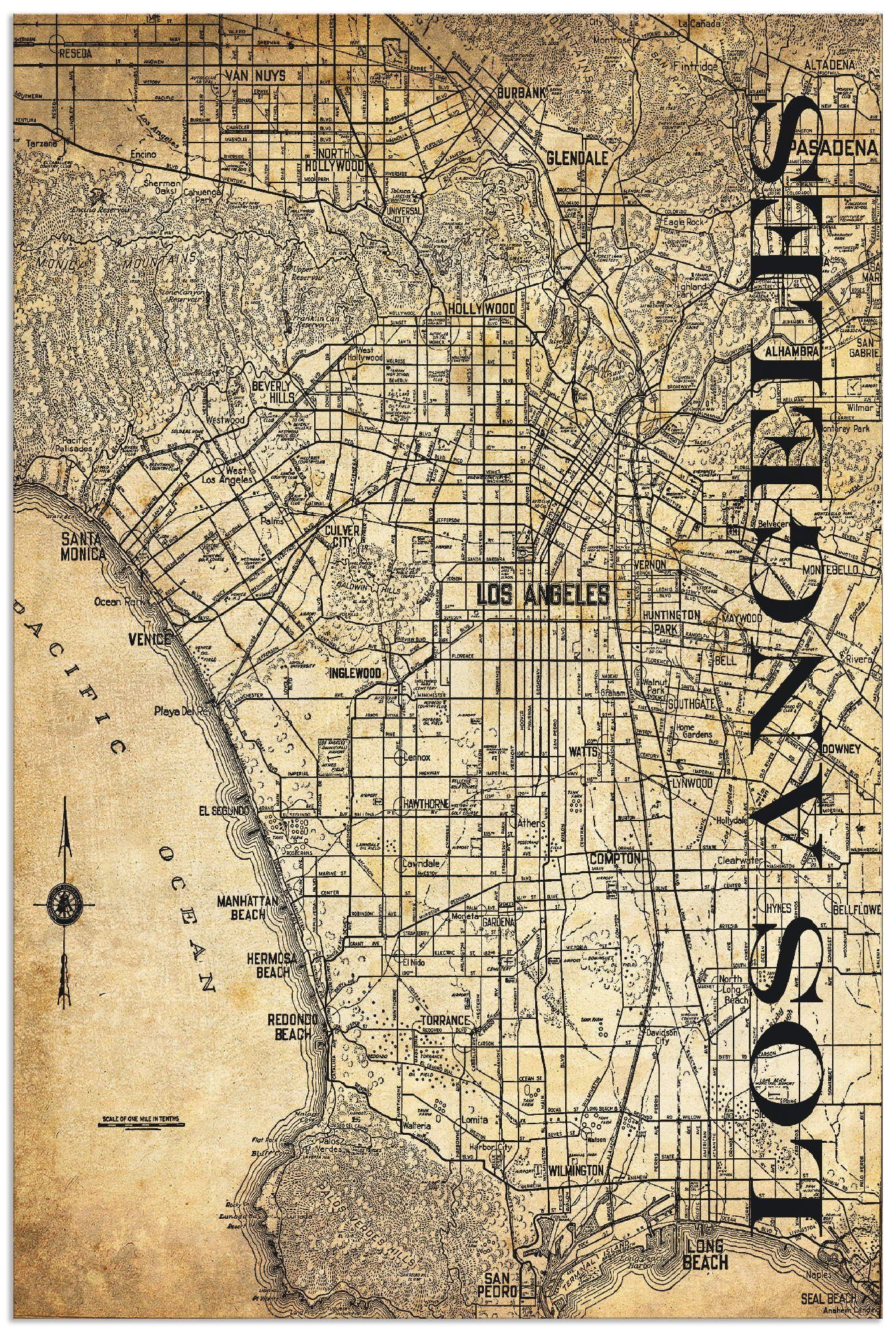 Artland Wandbild Los Angeles Karte Straßen Karte Sepia, Amerika (1 St), als Alubild, Leinwandbild, Wandaufkleber oder Poster in versch. Größen
