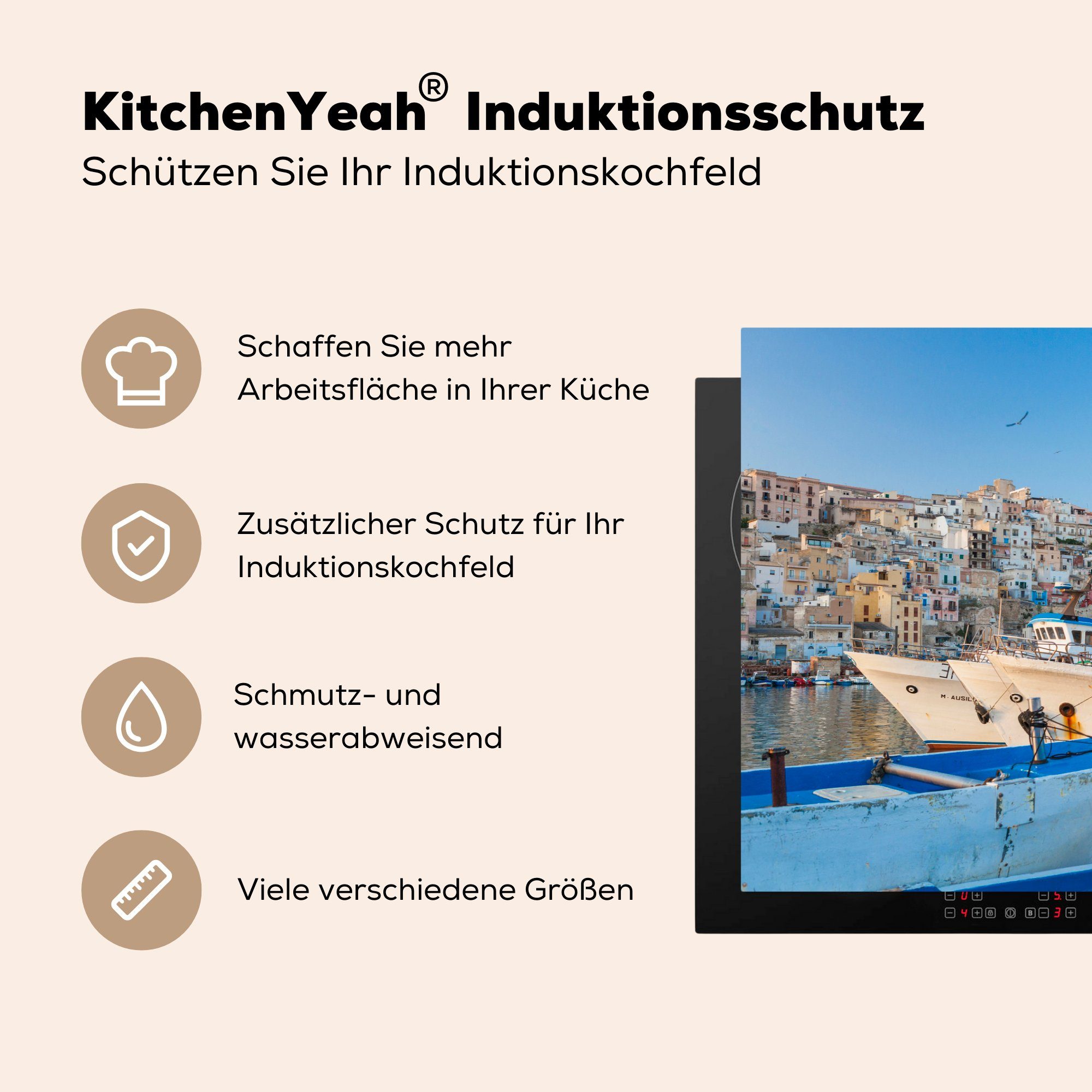 MuchoWow Ceranfeldabdeckung tlg), die Agrigento, Induktionskochfeld von cm, (1 81x52 Vinyl, küche, Herdblende-/Abdeckplatte Schutz Die für Fischerboote Hafen im