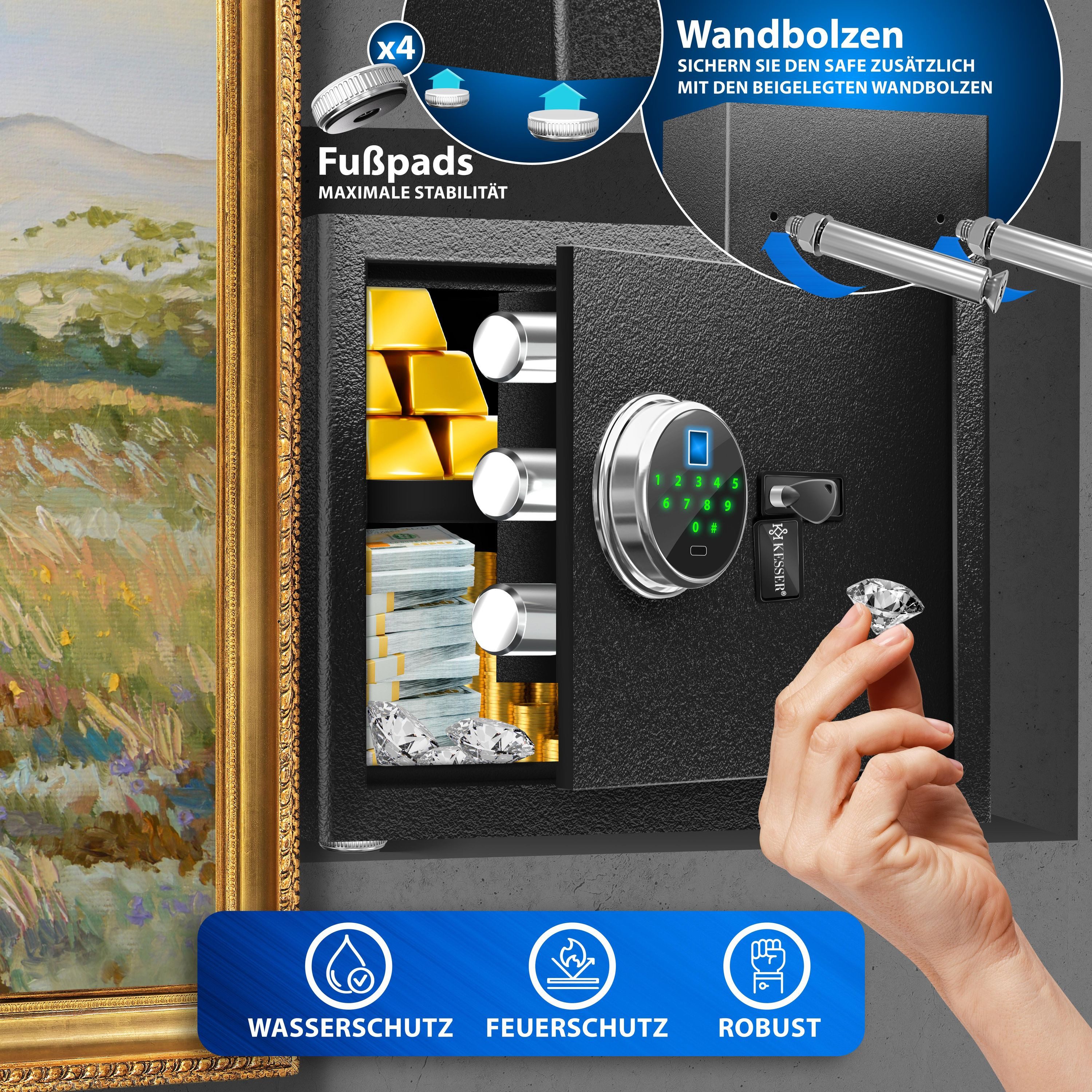 KESSER Tresor mit Fingerabdruck & Schlüssel Elektronischer Safe Möbeltresor (Wandtresor mit Ersatz-Schlüssel, Batterien, Notfall-Akku & Wandbolzen), Boden & Wan – Bild 4 von 5