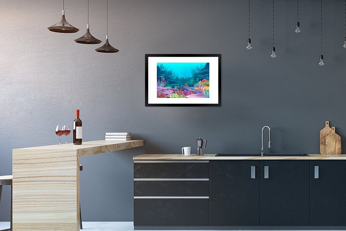 MuchoWow Poster Meer - Korallen - Unterwasserwelt - Illustration, (1 St), mit Rahmen, Kunstdruck, Gerahmtes Poster, Schwarzem Bilderrahmen