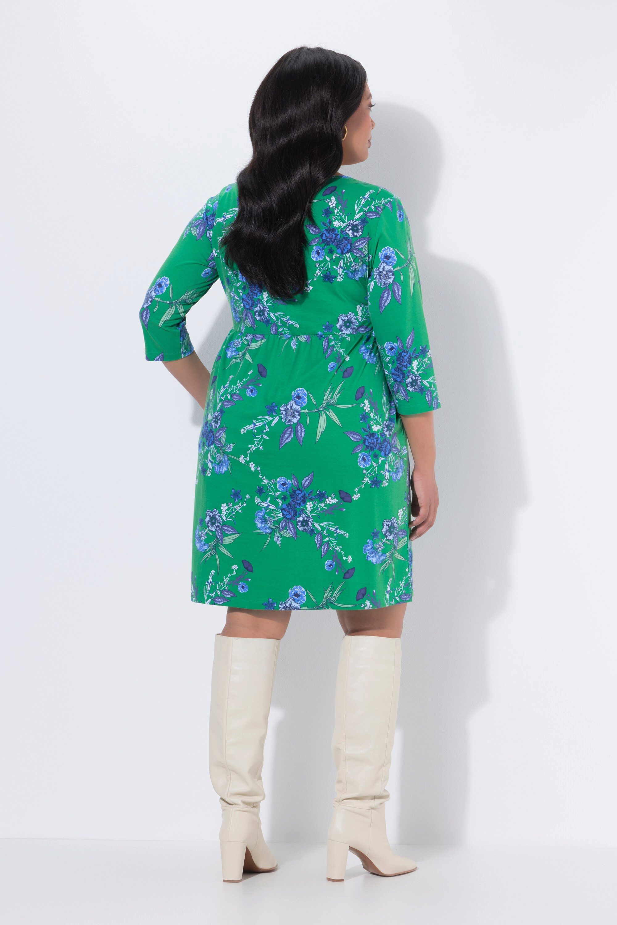 Ulla Popken Jerseykleid Jerseykleid Blüten A-Linie V-Ausschnitt 3/4-Arm
