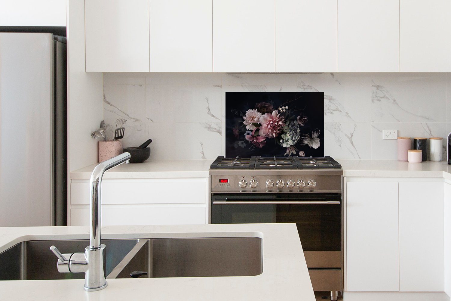 cm, Temperaturbeständig - - - 60x40 küchen Küchenrückwand Blumen - aus MuchoWow Herdblende Wandschutz, Pastell Rosa Vintage (1-tlg), Weiß,