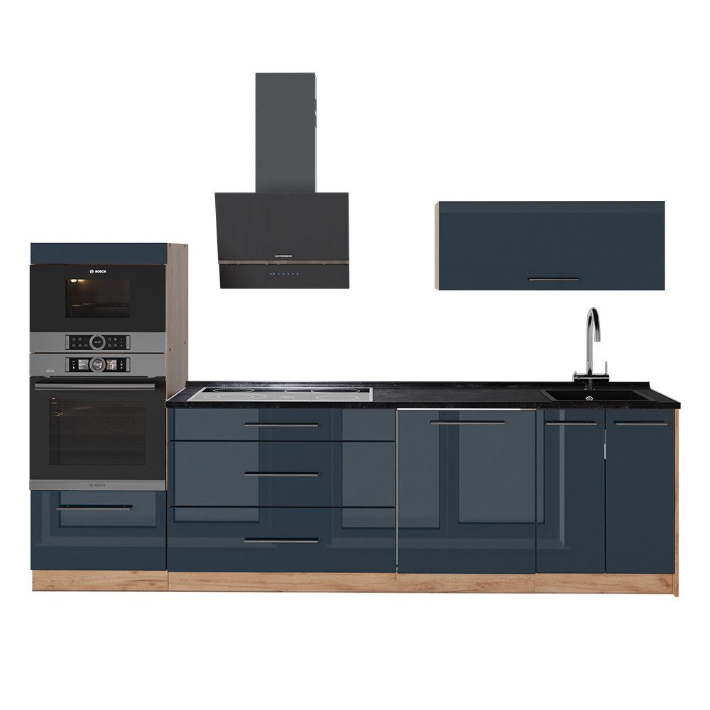 Vicco Küchenzeile Fame-Line, Dunkelblau Hochglanz/Goldkraft Eiche, 280 cm, AP Anthrazit