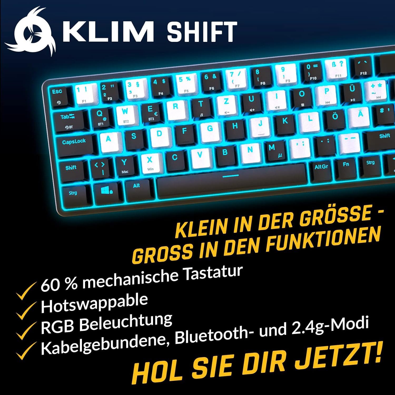 KLIM Switch Gaming-Tastatur (60% Mechanische Tastatur, kabellos, Bluetooth)
