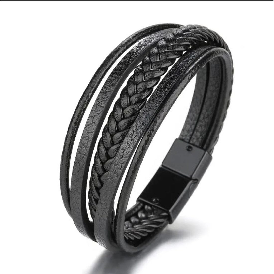 KARMA Armband Herrenarmband 5reihig Leder schwarz silber Männerarmband, Lederarmband Herrenschmuck Männerschmuck Geschenk für Ihn