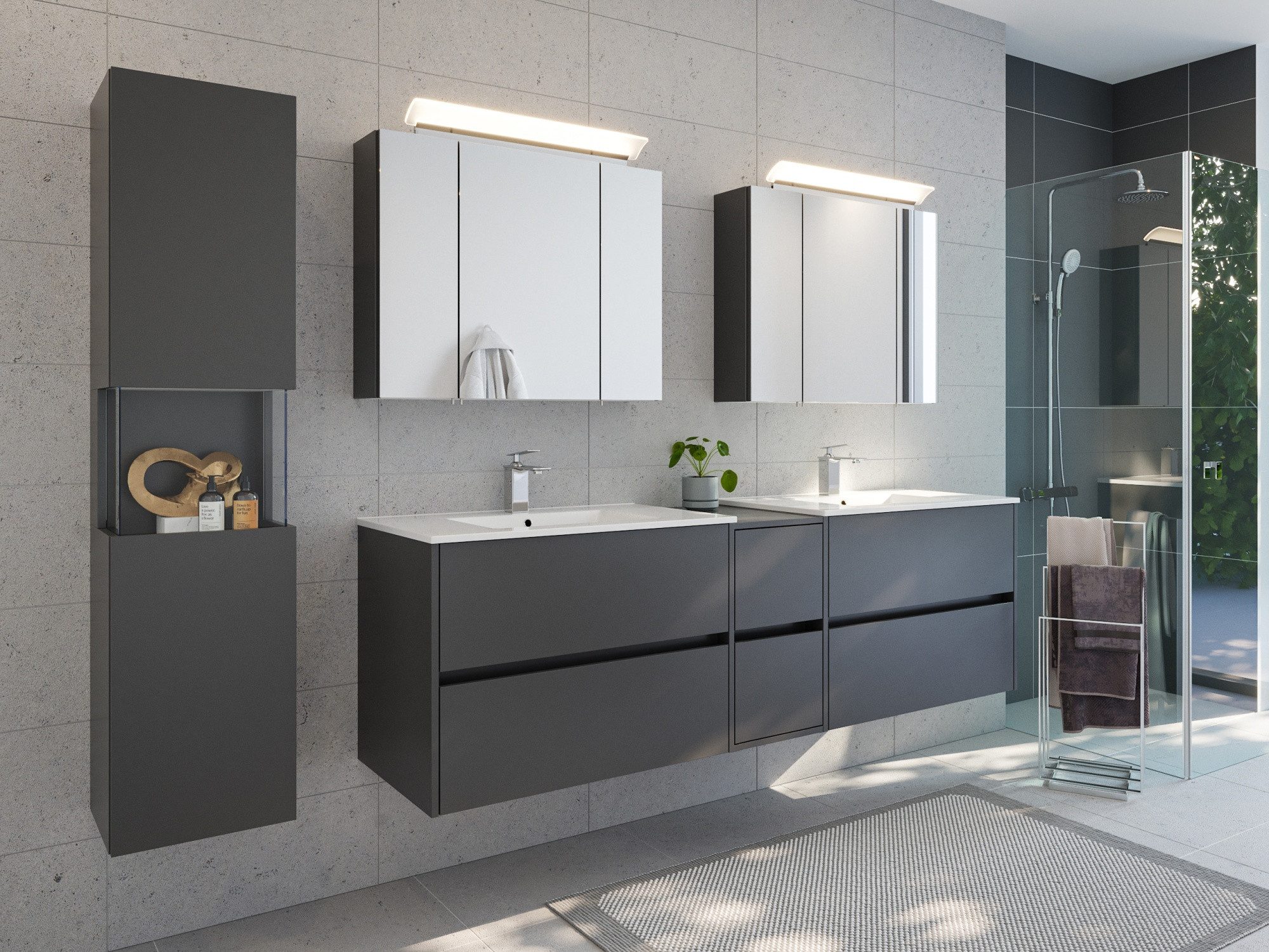 Magnolia Home Waschtisch Badmöbelset Taifun 190cm 4tlg mit 2x Spiegelschrank & Seitenschrank gr