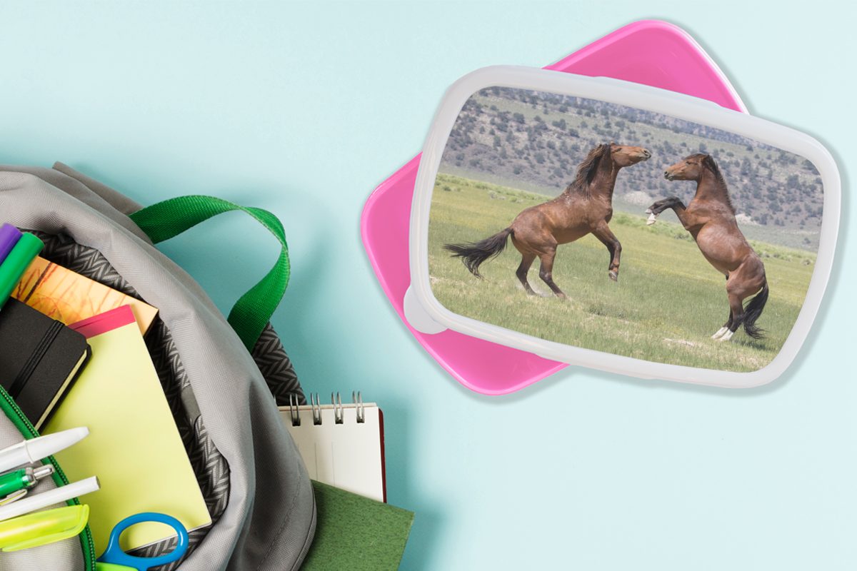 Kunststoff (2-tlg), Brotbox für Mädchen, Zwei MuchoWow Snackbox, Kunststoff, Kinder, Lunchbox Brotdose Erwachsene, Mustang-Pferde, kämpfende rosa