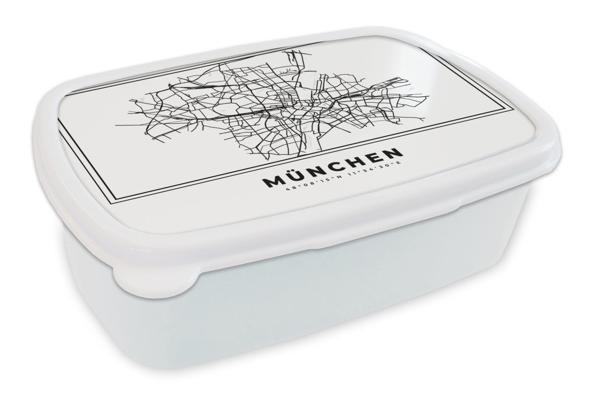 MuchoWow Lunchbox Karte - Stadtplan - München - Deutschland - Schwarz-Weiß, Kunststoff, (2-tlg), Brotbox für Kinder und Erwachsene, Brotdose, für Jungs und Mädchen