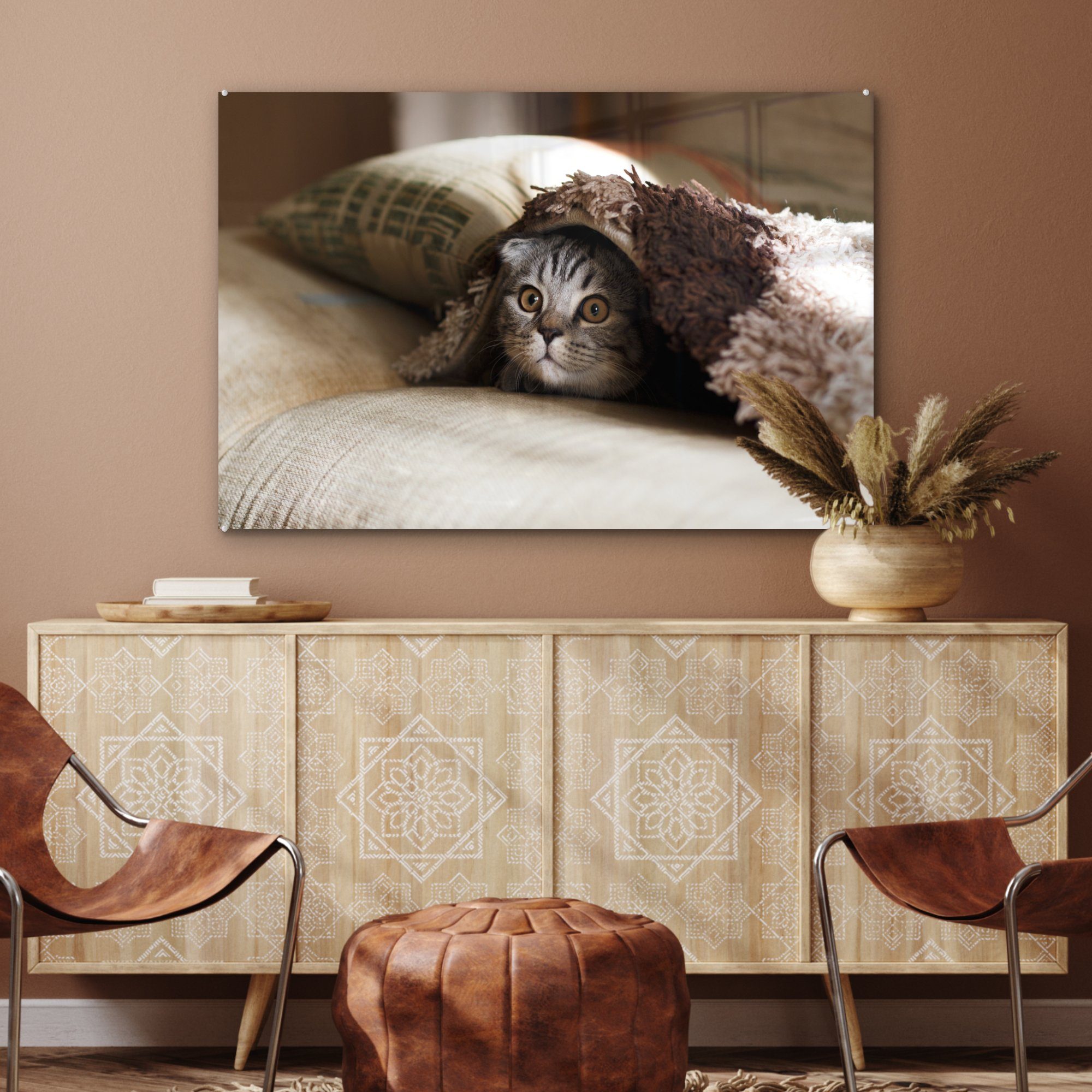 MuchoWow Acrylglasbild Katze - Wohnzimmer Decke (1 St), Schlafzimmer - Bank, & Acrylglasbilder