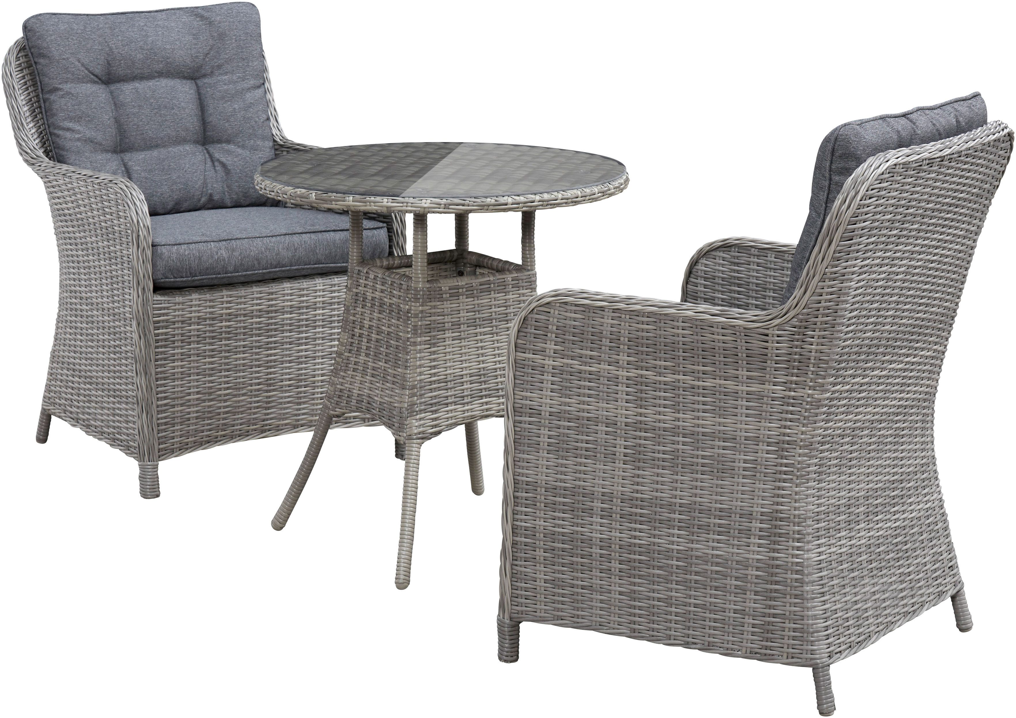 KONIFERA Garten-Essgruppe Menorca, (Set, 3-tlg., 2x Sessel, 1x Tisch Ø 70 cm, inkl. Auflagen, Polyrattan, Aluminium), Polyrattan, Aluminium, Tischplatte aus 5mm starkem Sicherheitsglas
