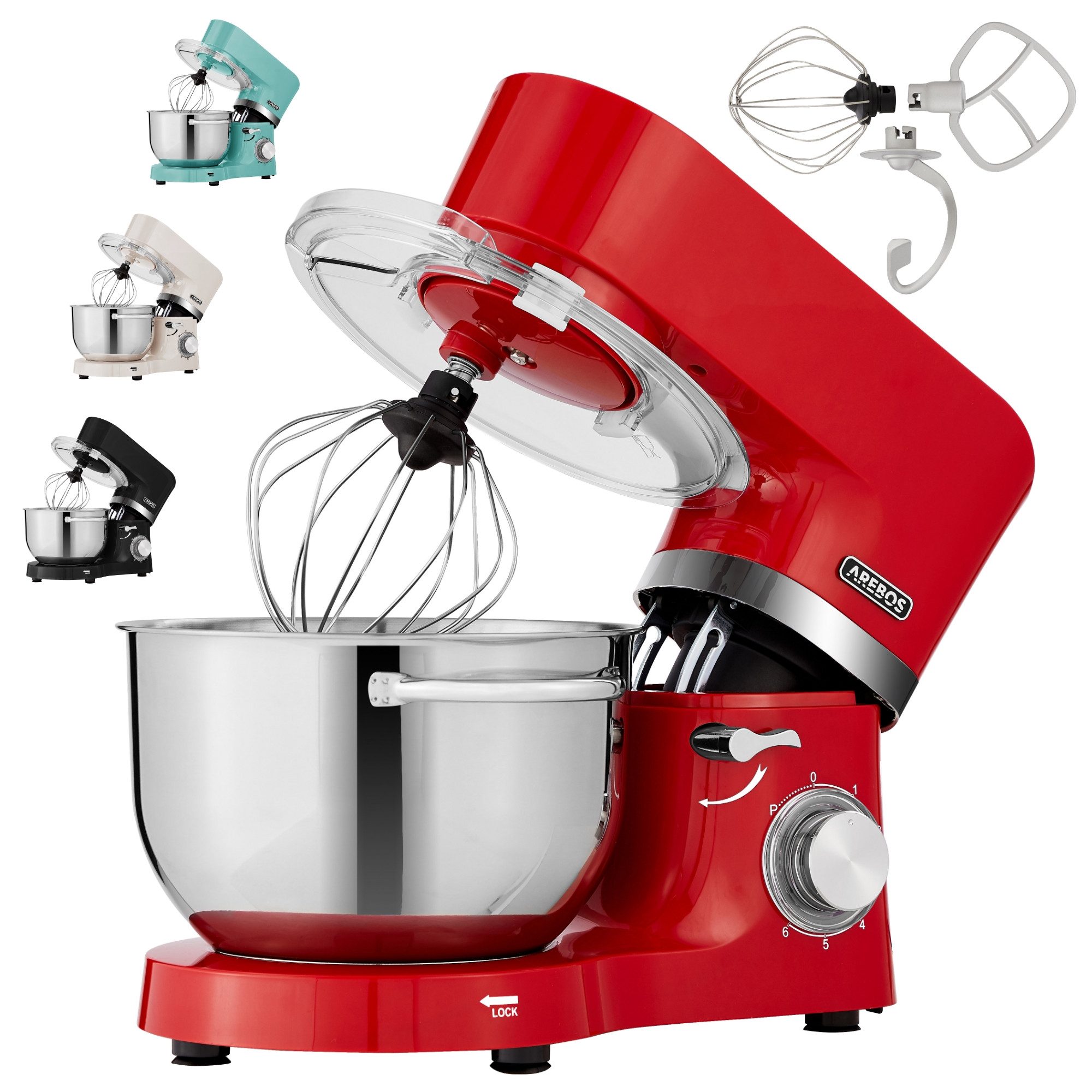 Arebos Küchenmaschine mit 2x Edelstahl-Rührschüsseln 4,5 & 5,5L, 1500 W, 5,50 l Schüssel, Küchenmixer mit Rührhaken, Knethaken, Schlagbesen und Spritzschutz