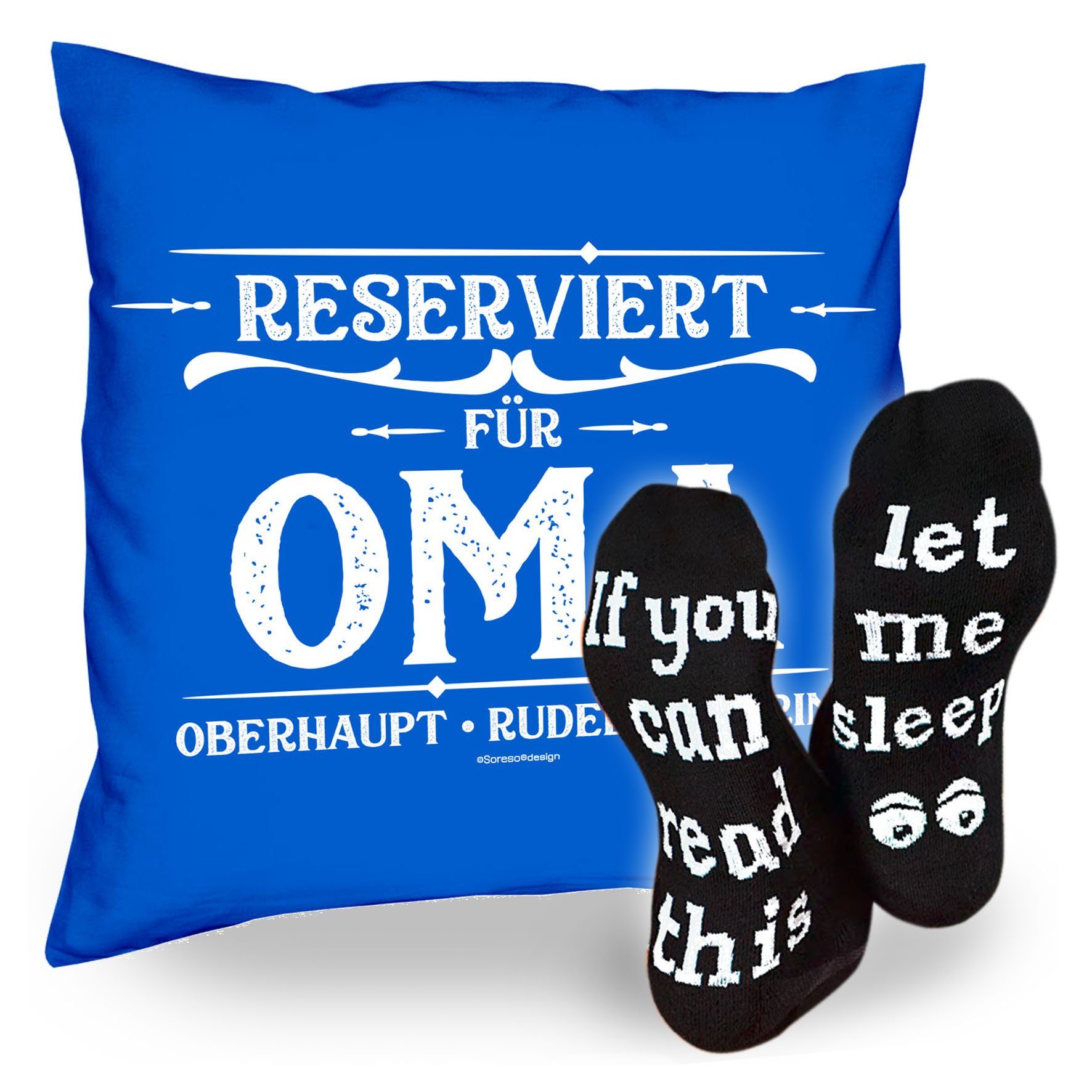 Soreso® Dekokissen Kissen Reserviert für Oma & Sprüche Socken Sleep, Geschenke Weihnachten Geburtstag Muttertag royal-blau