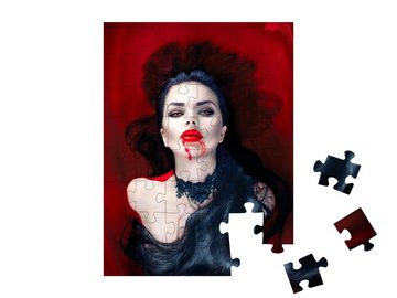 puzzleYOU Puzzle Vampirfrau mit schwarzen Haaren und blutigem Mund, 48 Puzzleteile, puzzleYOU-Kollektionen Vampire