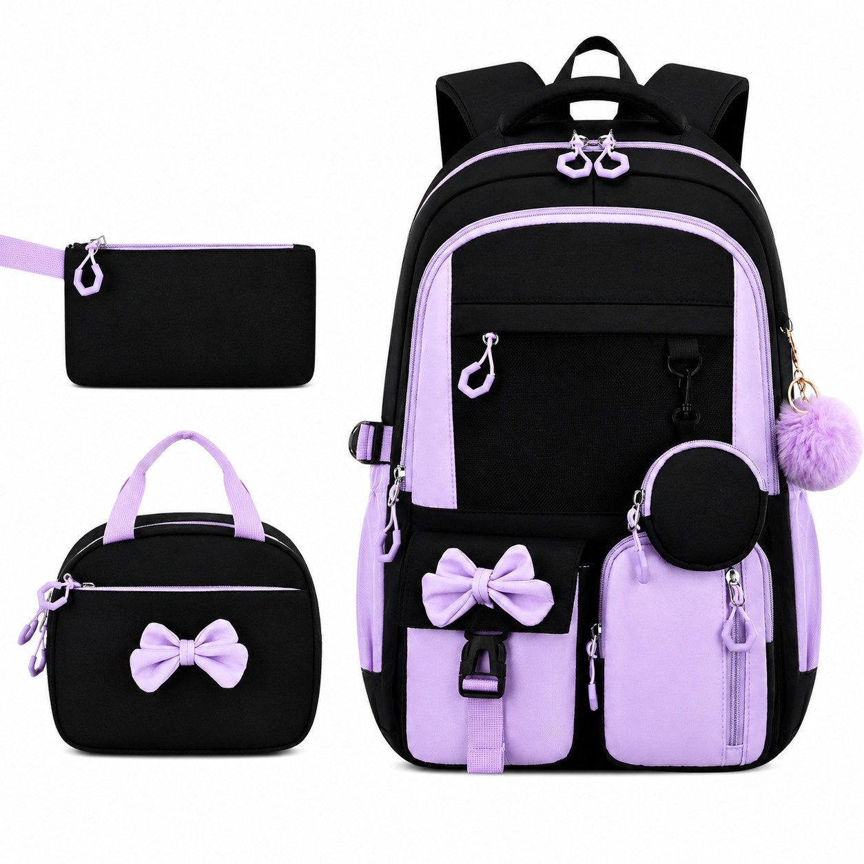 MOPUEA Schulrucksack Schulrucksack-Set Schultasche Teenager Turnbeutel (3-tlg., mit isolierter Lunchtasche, abnehmbarem Münzbeutel & Federmappe), Süße Schultasche Mit Schleife, Langlebiges Material & pflegeleicht