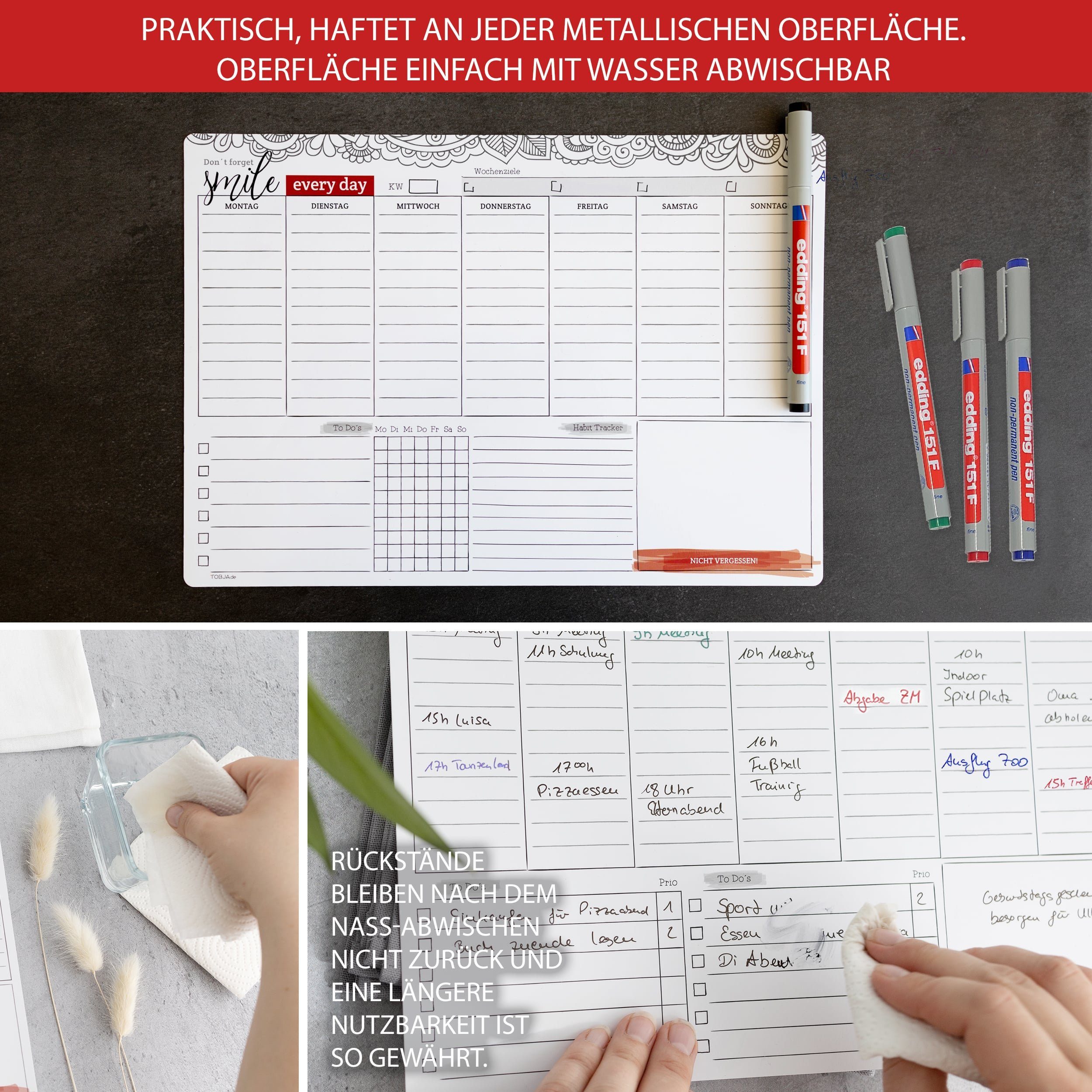 TOBJA Magnettafel Wochenplaner A4 Magnetfolie +4 Stifte wiederbeschreibbar, Abwischbarer Organizer inklusive 4 Markenstifte DIN A4 – Bild 5 von 5