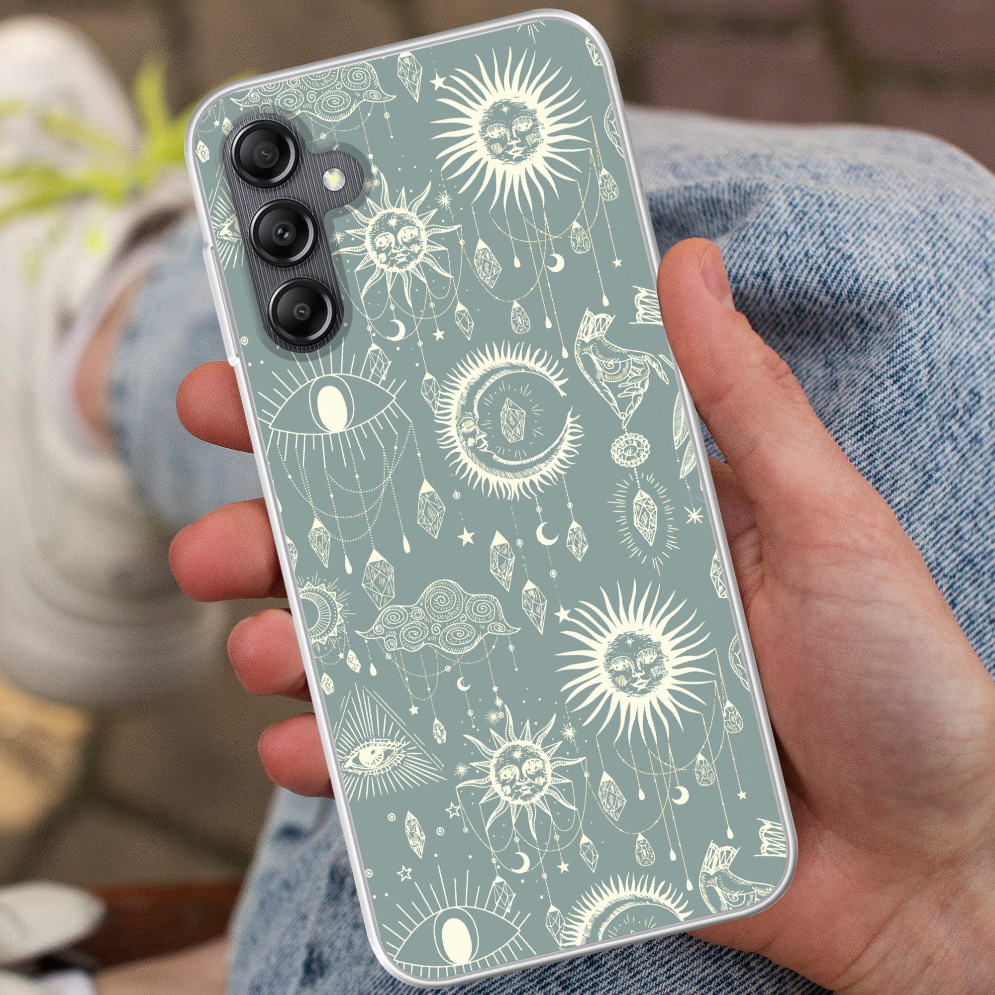 MuchoWow Handyhülle für Samsung Galaxy A14 5G Boho - Druck - Blau - Sonne - Augen - Zen, Smartphone-Bumper, Print, Handy Schutzhülle Dünn