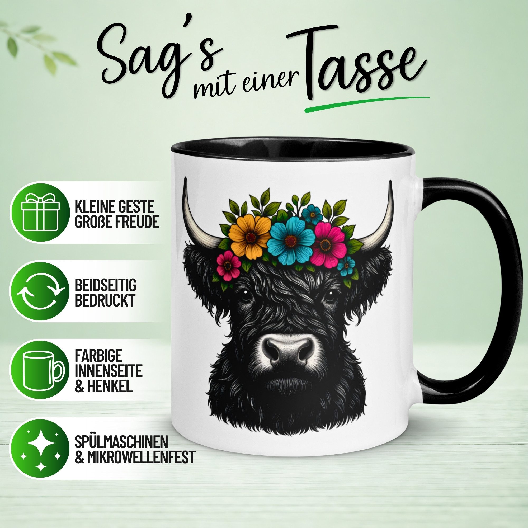 Momentals Tasse Kuh – „Highland Rind mit Blumenkranz“ – Geschenk Becher Rinder Fans, Gratis Versand · Links-&Rechtshänder · Spülmaschinenfest
