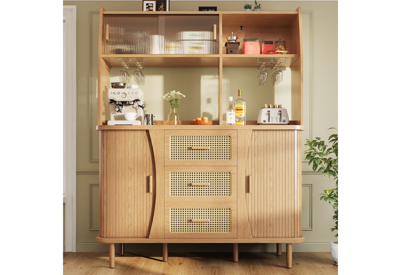 Celya Küchenbuffet Buffetschrank Rattanoptik mit Stauraum (mit 3 Schubladen und Glasschiebetüren, belastbar bis 60kg) Integrierte Glashalter, verstellbare Füße und abgerundete Kanten