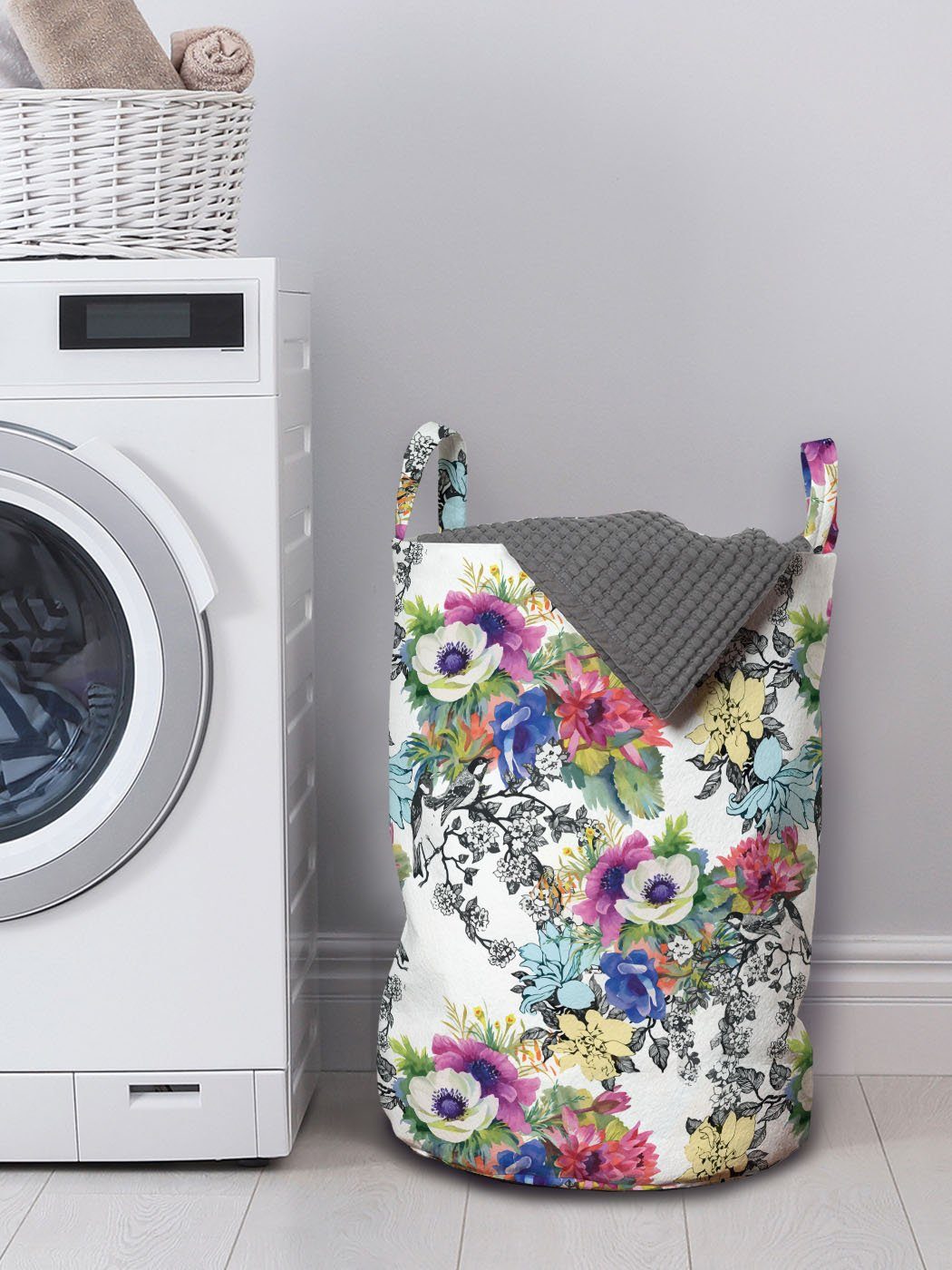 Abakuhaus Wäschesäckchen Wäschekorb mit Griffen Botanik für Waschsalons, Kordelzugverschluss Blumen Aquarell Motiv