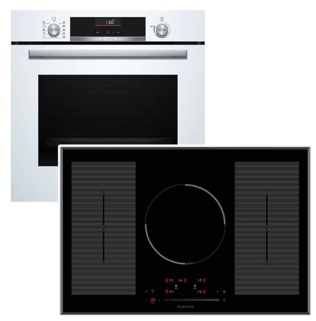 BOSCH Backofen-Set Backofen AirFry 3DHeißluft weiß+ Wolkenstein Induktionsfeld 77cm Flex, EcoClean Direct