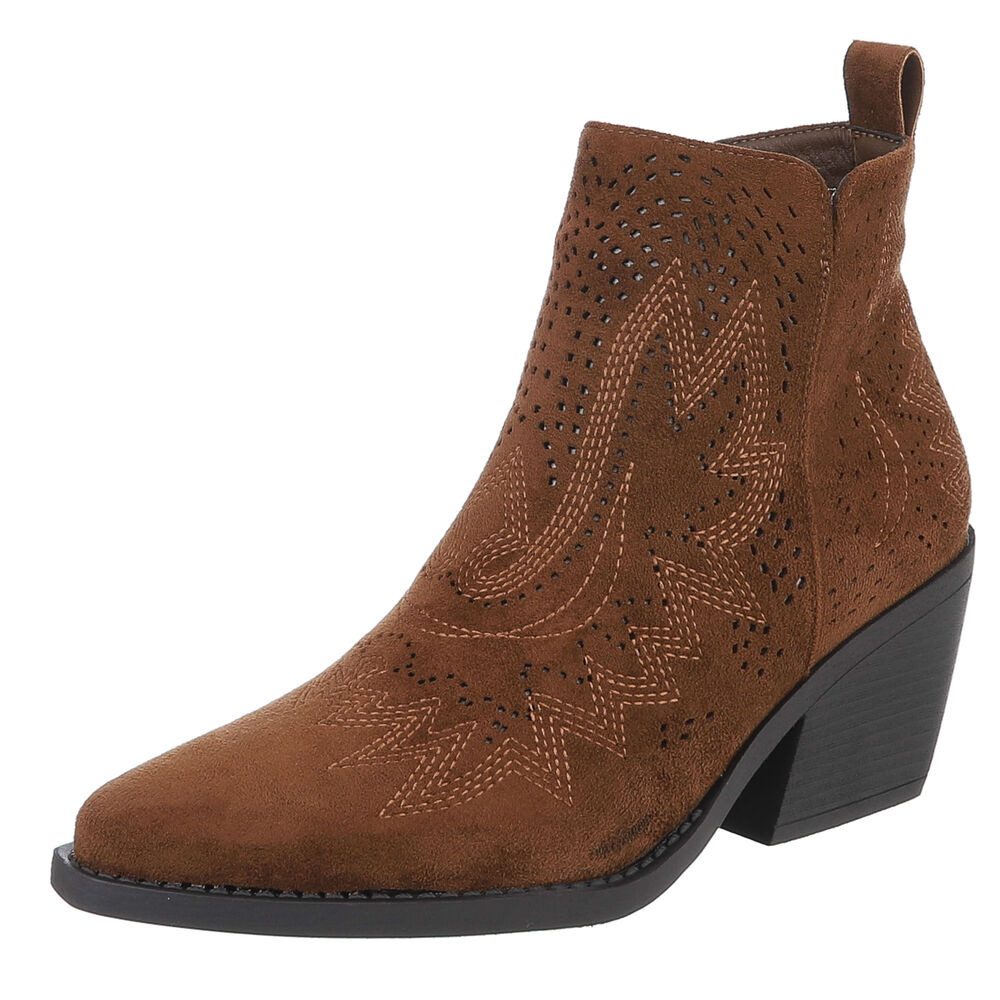 Ital-Design Perforierte Damen Ankle Boots mit bequemem Absatz Westernstiefelette (91154672) Blockabsatz Stiefeletten in Braun