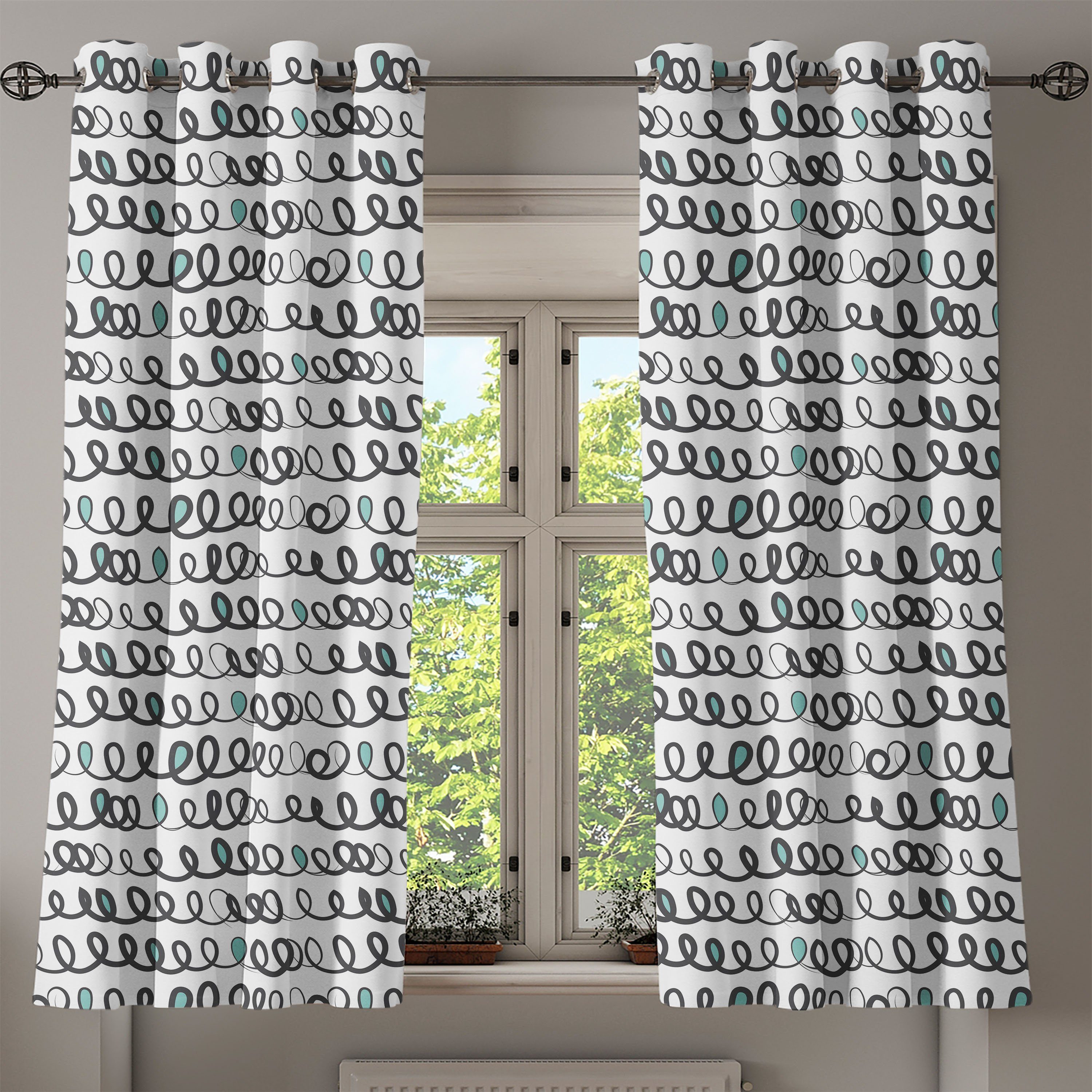 Dekorative Abakuhaus, Curly Schlafzimmer Gekritzel für Wohnzimmer, Stripes Gardine 2-Panel-Fenstervorhänge Zufällige
