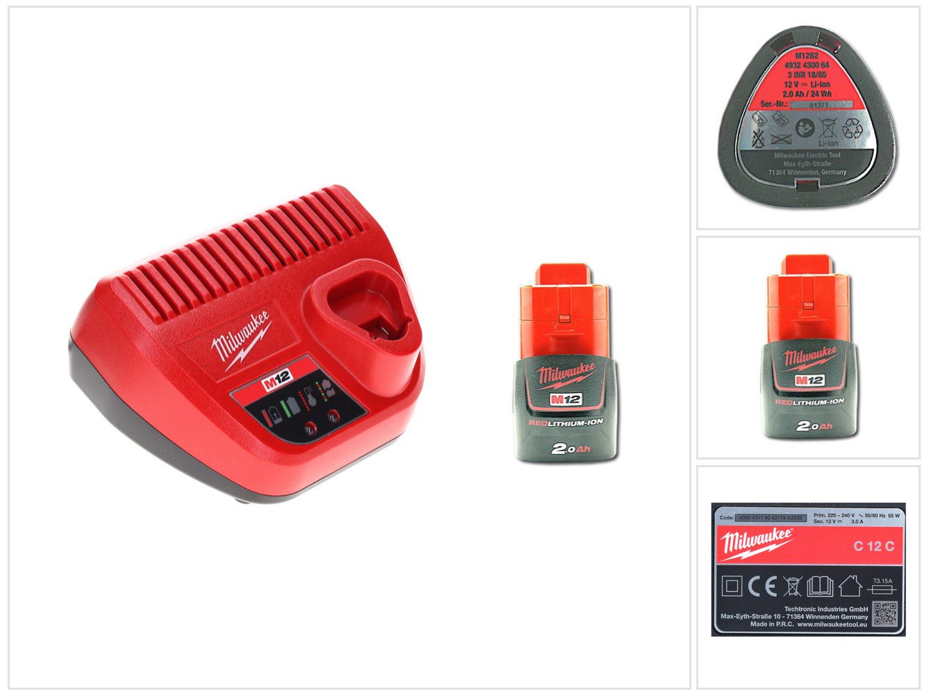 Milwaukee Akku Starter Set 12 V mit 1x Akku 2,0 Ah + M12 C12C Ladegerät Akkupacks