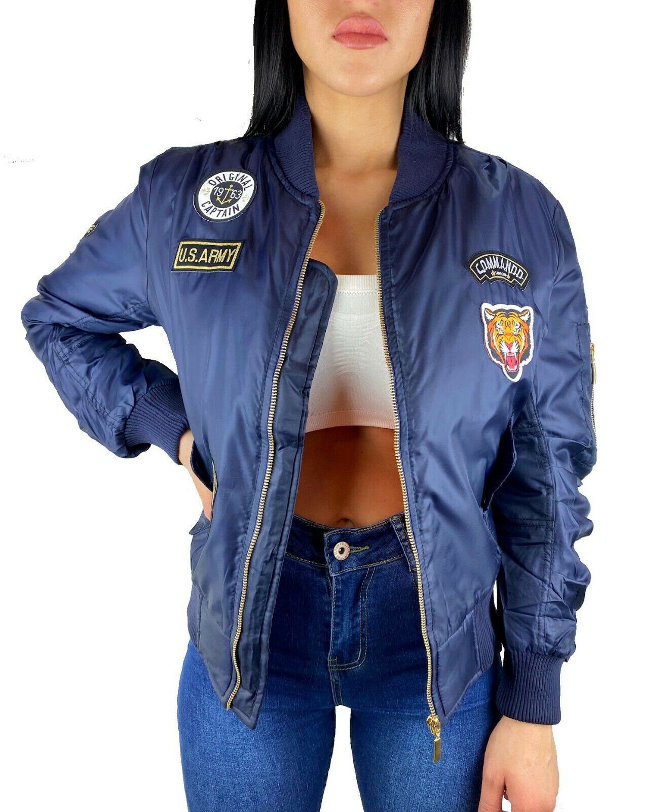 Worldclassca Bomberjacke Worldclassca Damen Bomber Jacke mit Army Militär Camouflage Patches Übergangsjacke Bomberjacke Blouson Piloten Jacke Fliegerjacke Neu XS-L Blau