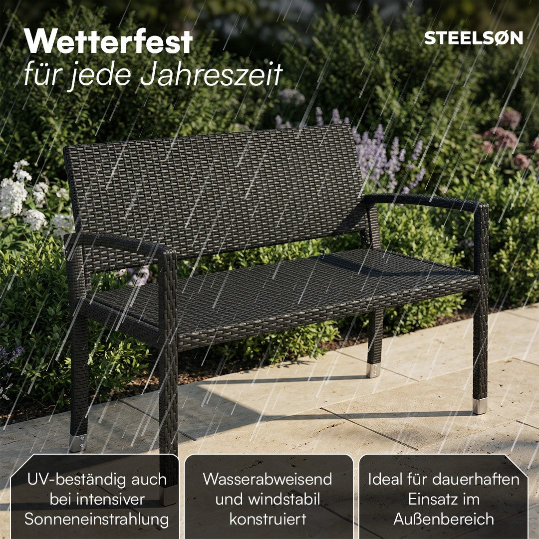 STEELSØN Gartenbank Mirador handgeflochtene Polyrattan Bank (2-Sitzer, schwarz), wetterfest & UV-beständig, ergonomische Outdoor-Bank, 120 cm Breite