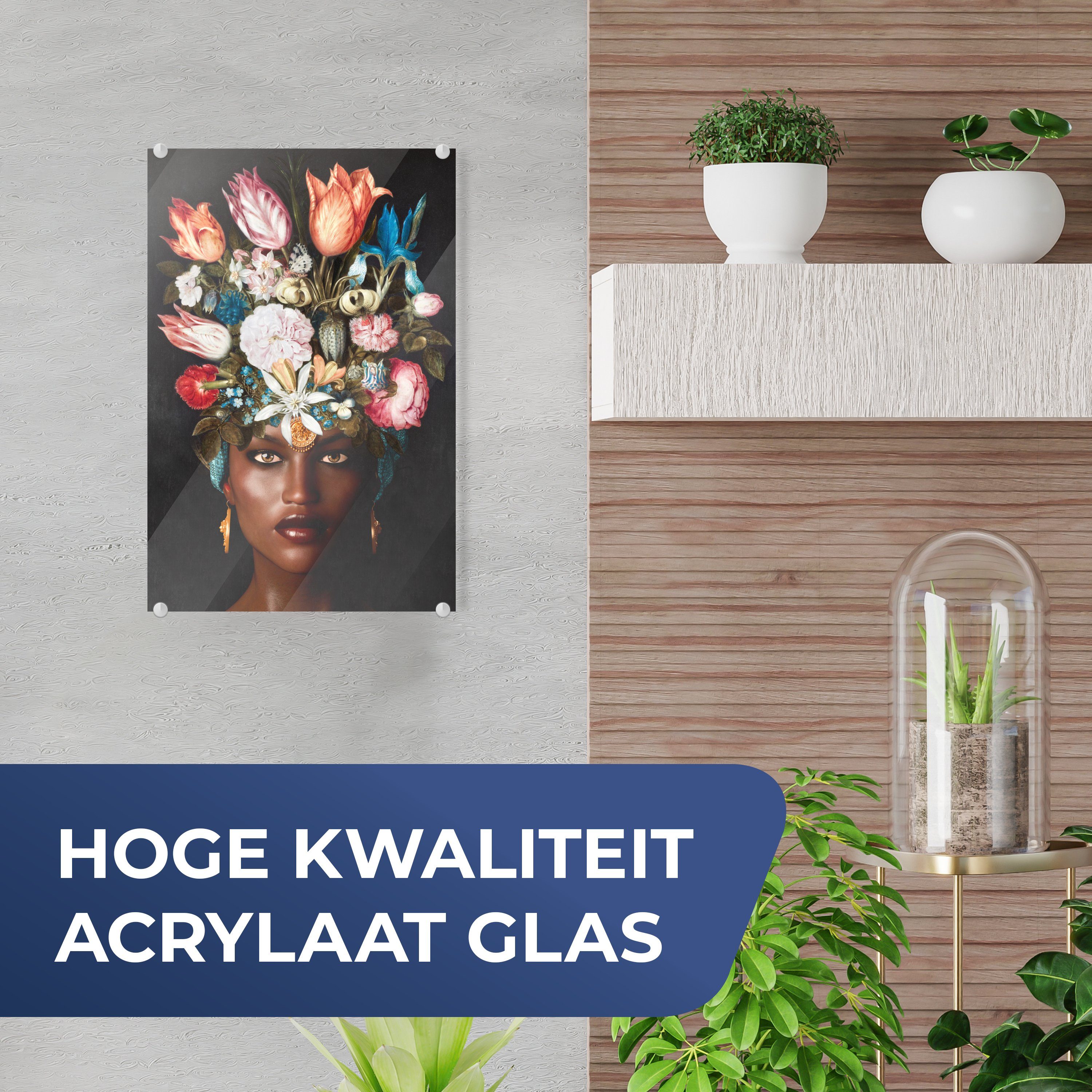 Wandbild Acrylglasbild - Bunt, Blumen - - auf Bilder - auf Glasbilder Glas Frau MuchoWow - Glas Foto St), Wanddekoration (1