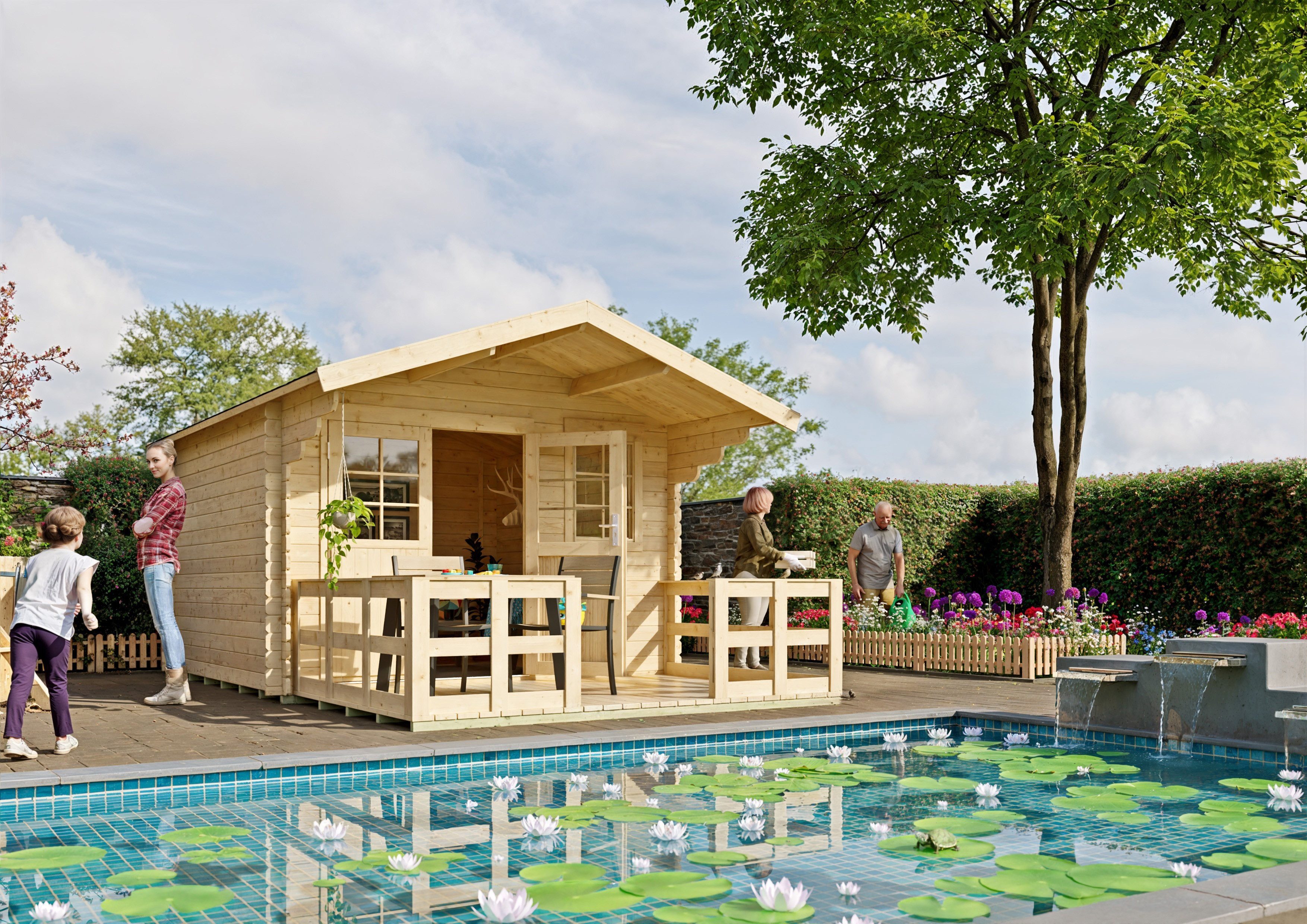 KONIFERA Gartenhaus Kallenberg 2 aus naturbelassenem Fichtenholz, BxT: 340x443 cm, mit Terrasse, Vordach und Fußboden