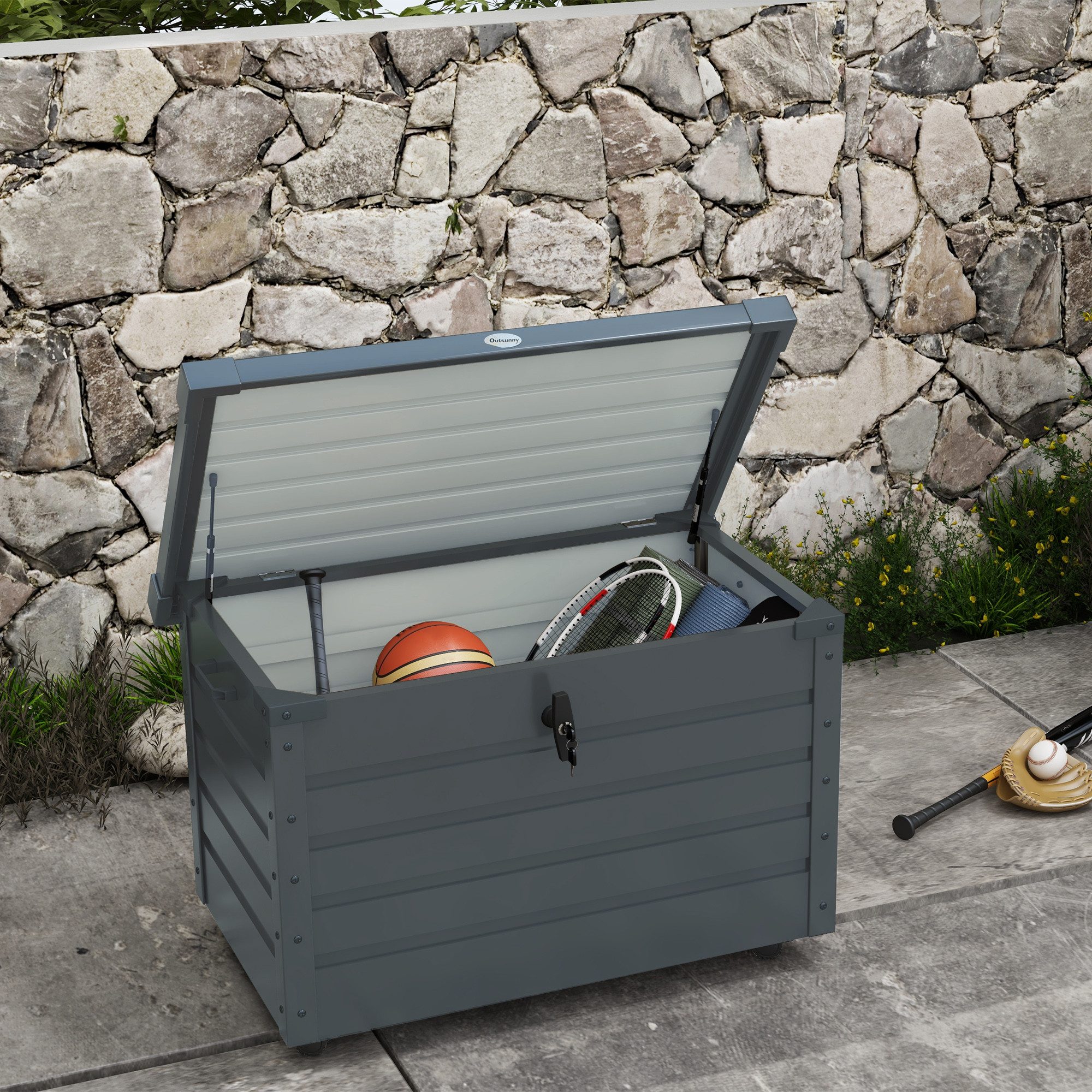Outsunny Gartenbox Metall 295 Liter Auflagenbox mit Griffen Rollen Schloss (Aufbewahrungskiste, 1 St., Aufbewahrungsbox), für Balkon, Terrasse 100 x 62 x 65 cm, Dunkelgrau