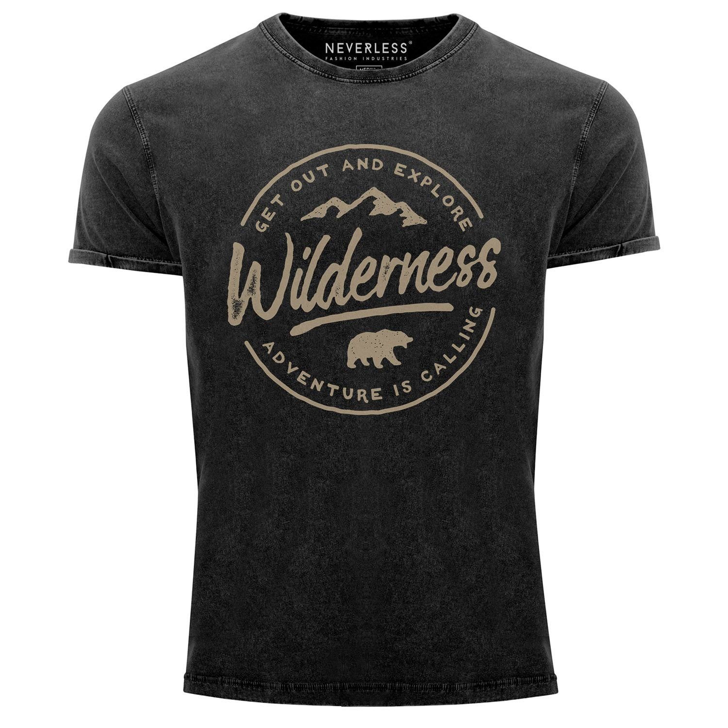 Neverless Print-Shirt Neverless® Herren T-Shirt Vintage Shirt Printshirt Adventure Logo Berge Mountain Bär Wilderness Schriftzug Fashion Streetstyle Aufdruck Used Look Slim Fit mit Print | T-Shirts