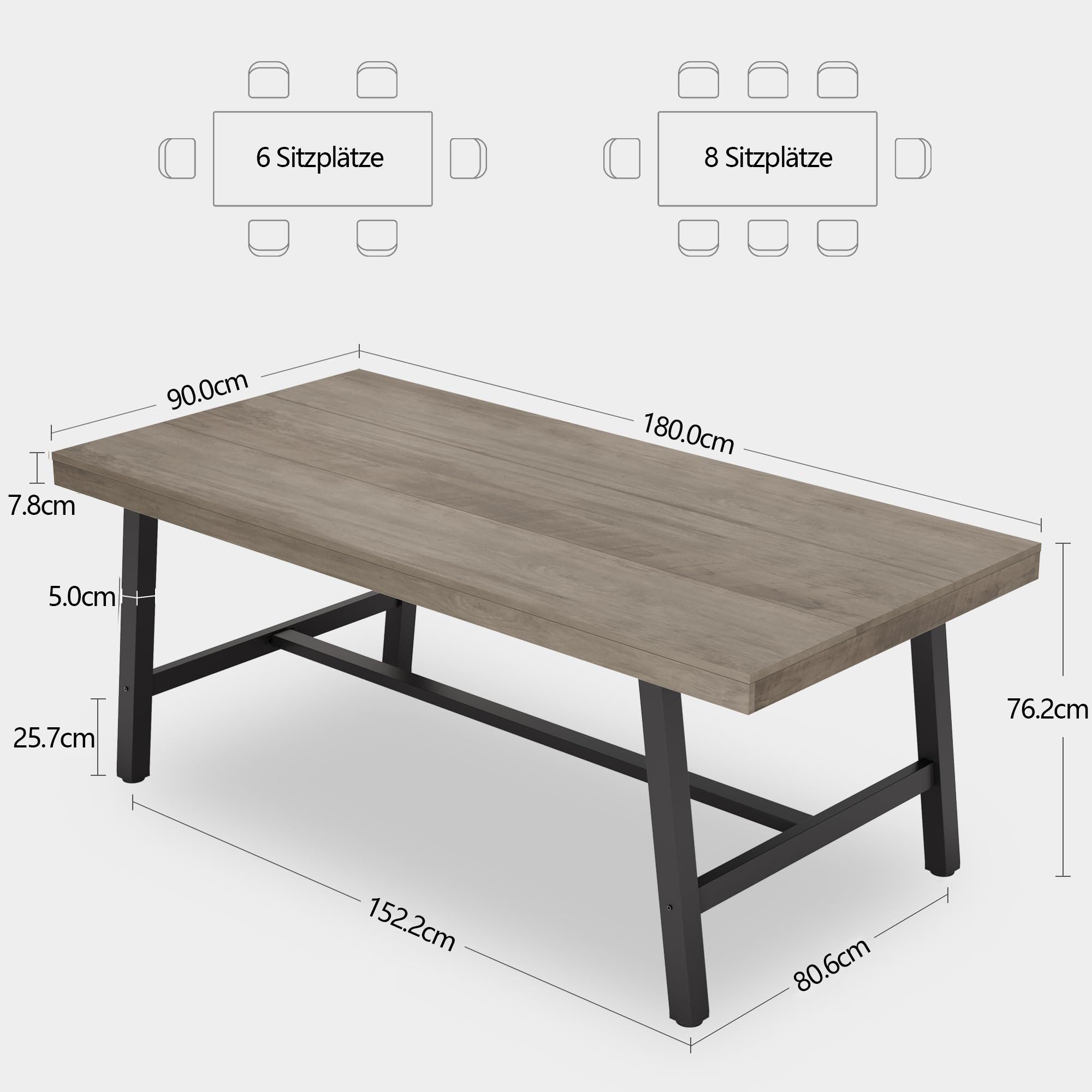 GarveeMore Esstisch 180 cm Großer rechteckiger Esstisch MDF-Tischplatte Holzoptik (1Tisch), Metallgestell Robust Multifunktionaler Esstisch für 6 bis 8 Personen – Bild 4 von 5