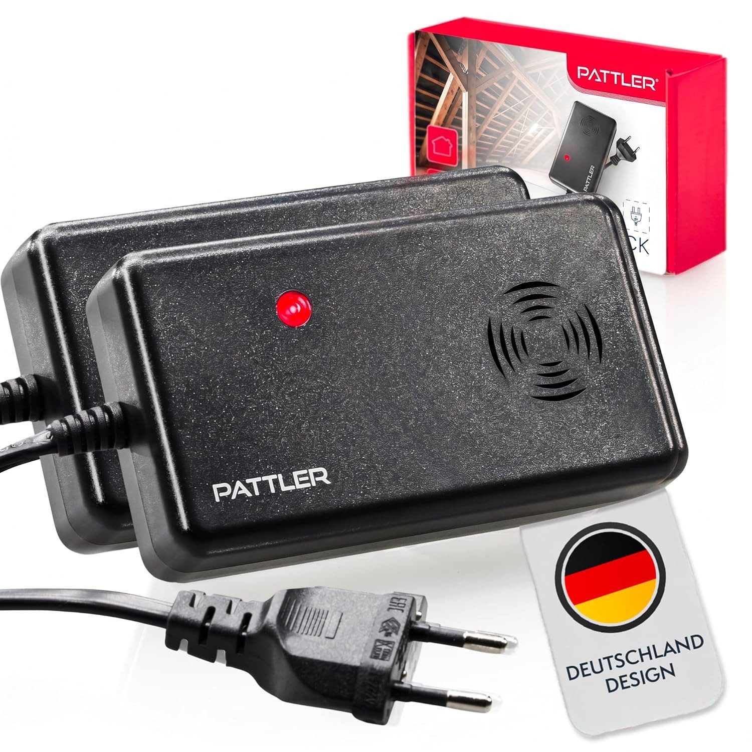 Pattler Ultraschall-Tierabwehr Marderschreck mit Hochfrequenztönen, 2 Geräte für ca. 120 m²