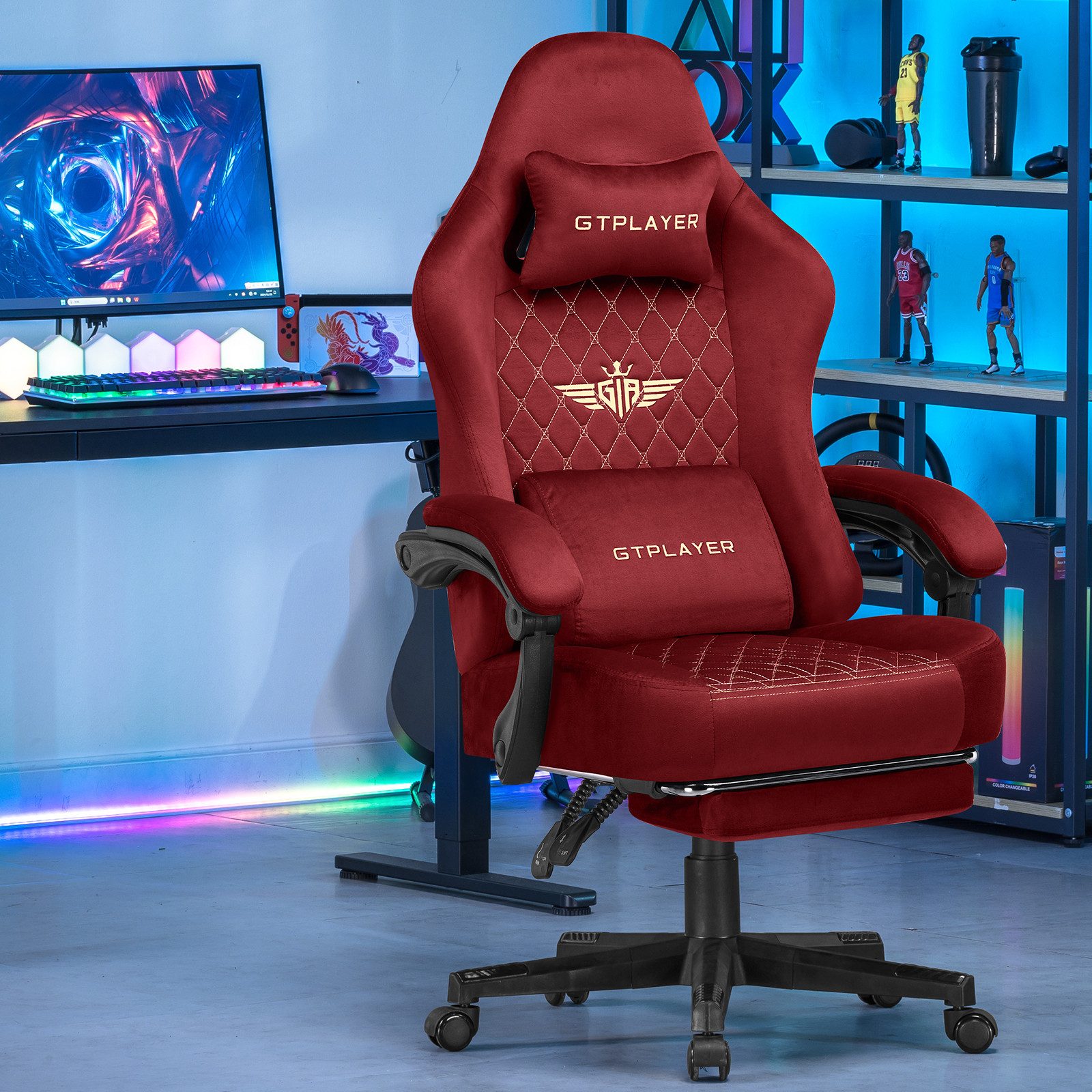 GTPLAYER Gaming-Stuhl Stoff Gaming Chair Ergonomisch Bürostuh PC Stuhl, 150kg Belastbarkeit, Schreibtischstuh mit Federsitzkissen und Fußstütze – Bild 2 von 5