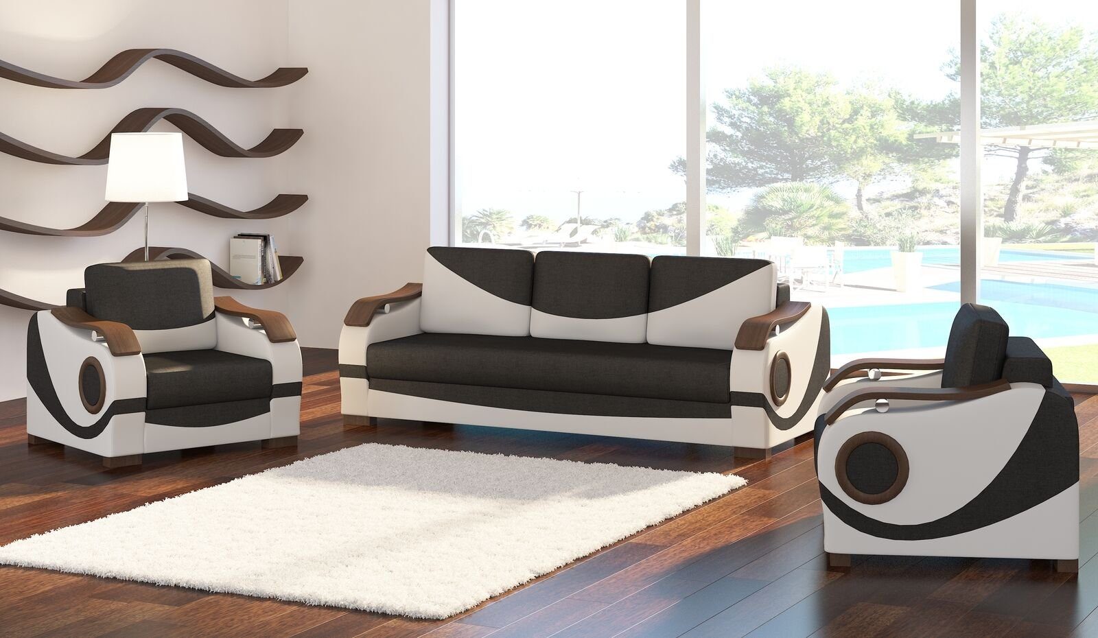 JVmoebel Sofa Sofagarnitur Puerto 3+1+1 mit Bettfunktion Set Couch Polster Sofas, Made in Europe Schwarz/Weiß