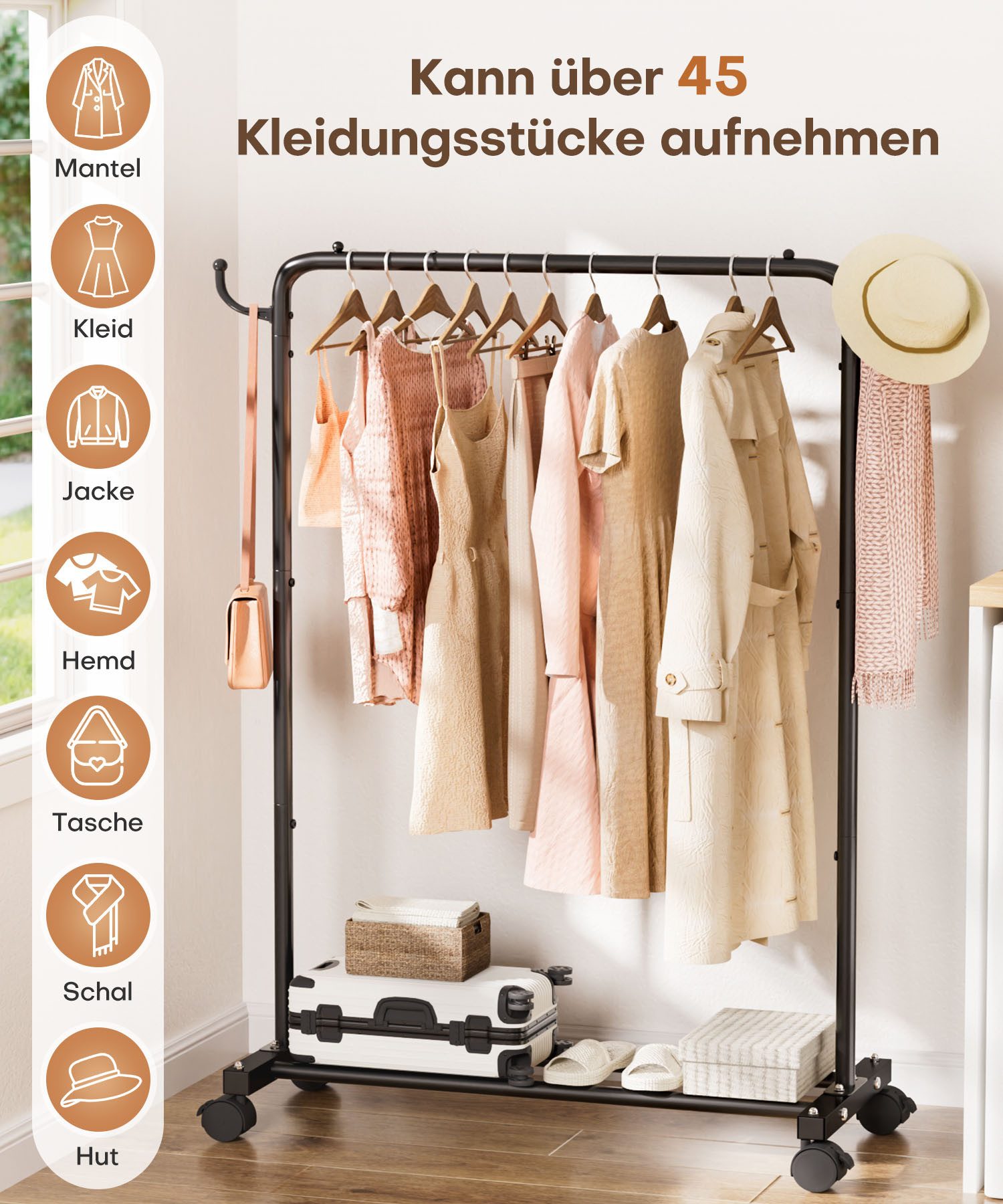 Yorbay Kleiderständer Garderobenständer auf Rollen, bis 50 kg belastbar, platzsparend, 94cm breit, Schwarz