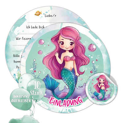 TOBJA Grußkarte XXL Meerjungfrau Einladungskarten mit Stickern, Kindergeburtstag Mädchen Geburtstag Einladung Kinder